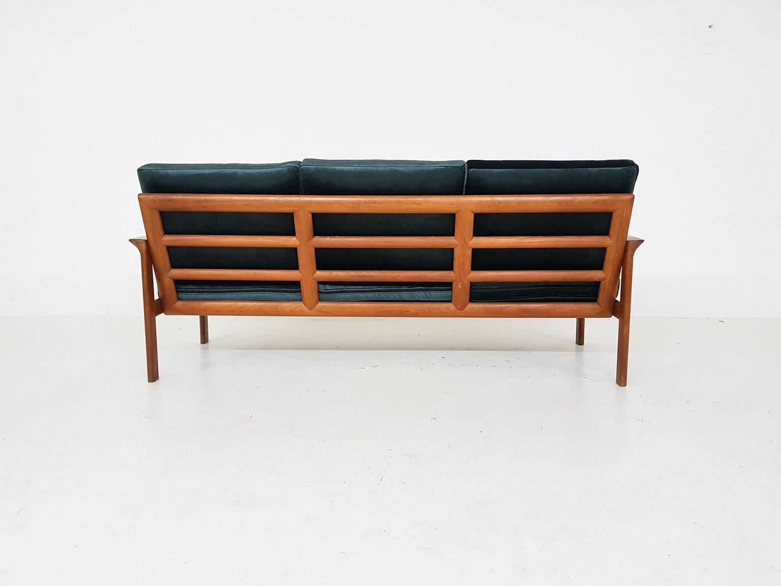 Danish Green Velvet Three-Seat Sofa by Sven Ellekaer for Komfort, Denmark, 1960s