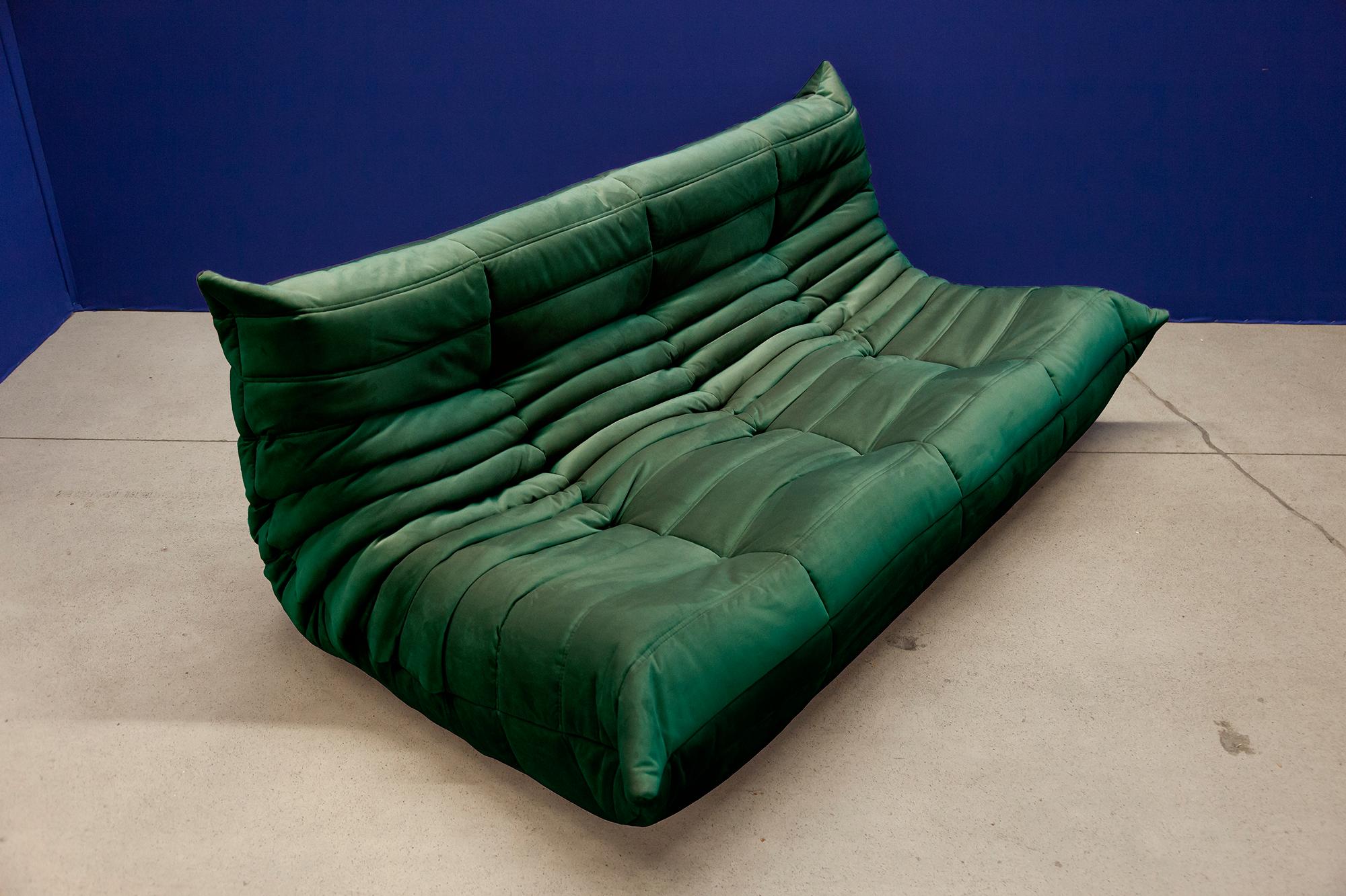 Green Velvet Togo Sofa Set by Michel Ducaroy for Ligne Roset, 1970s, Set of 5 8