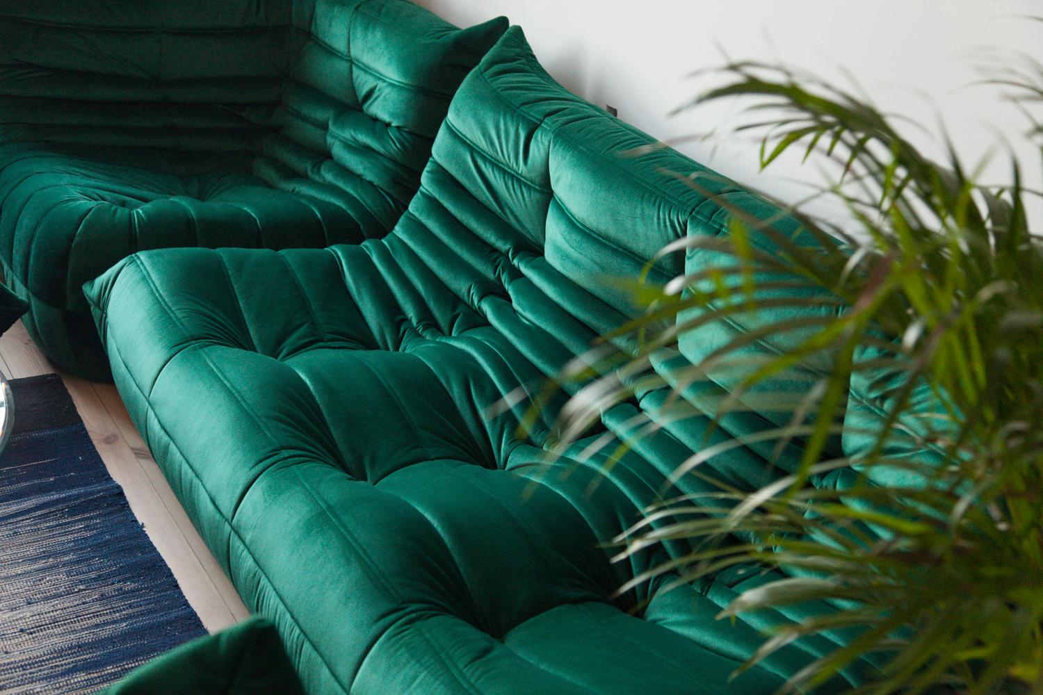 Green Velvet Togo Sofa Set by Michel Ducaroy for Ligne Roset, Set of 5 For Sale 1