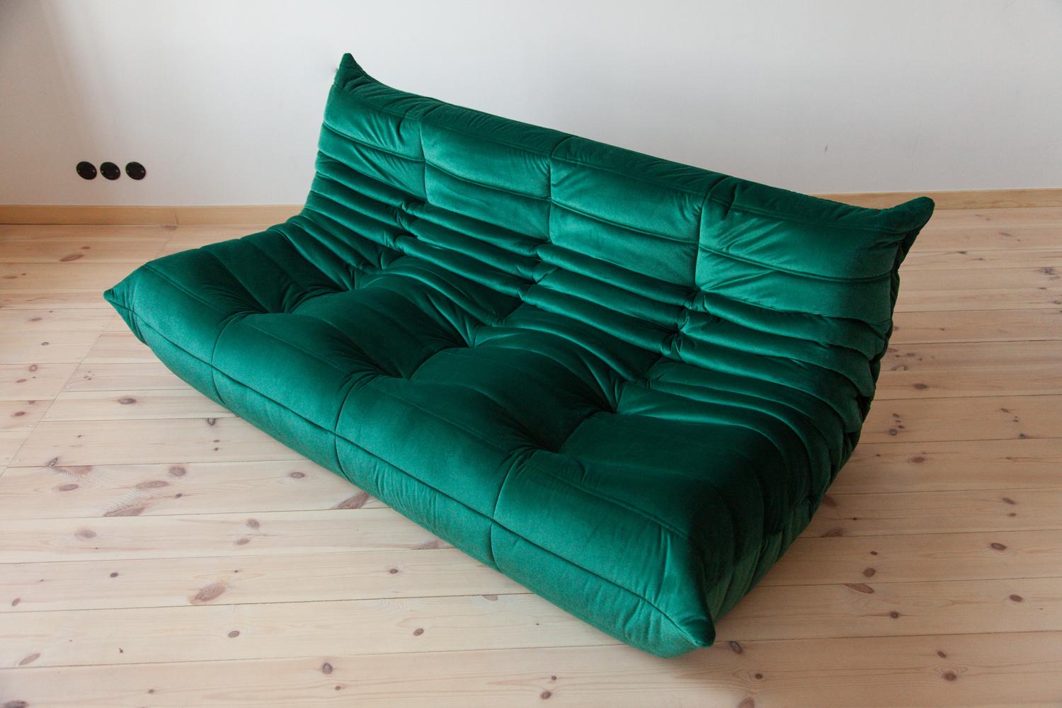 Green Velvet Togo Sofa Set by Michel Ducaroy for Ligne Roset, Set of 5 For Sale 2