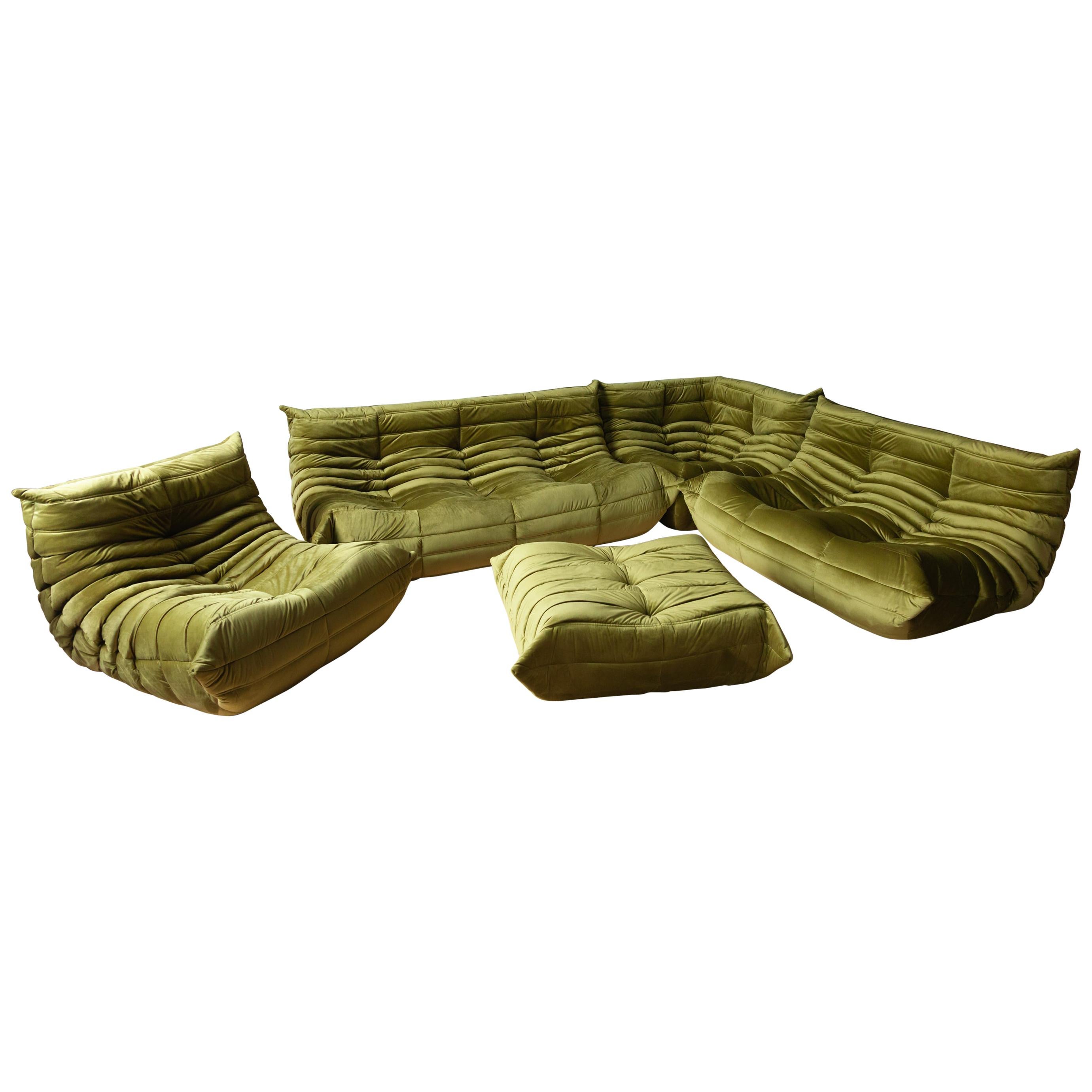 Green Velvet Togo Sofa Set by Michel Ducaroy for Ligne Roset, Set of 5 For Sale at 1stDibs