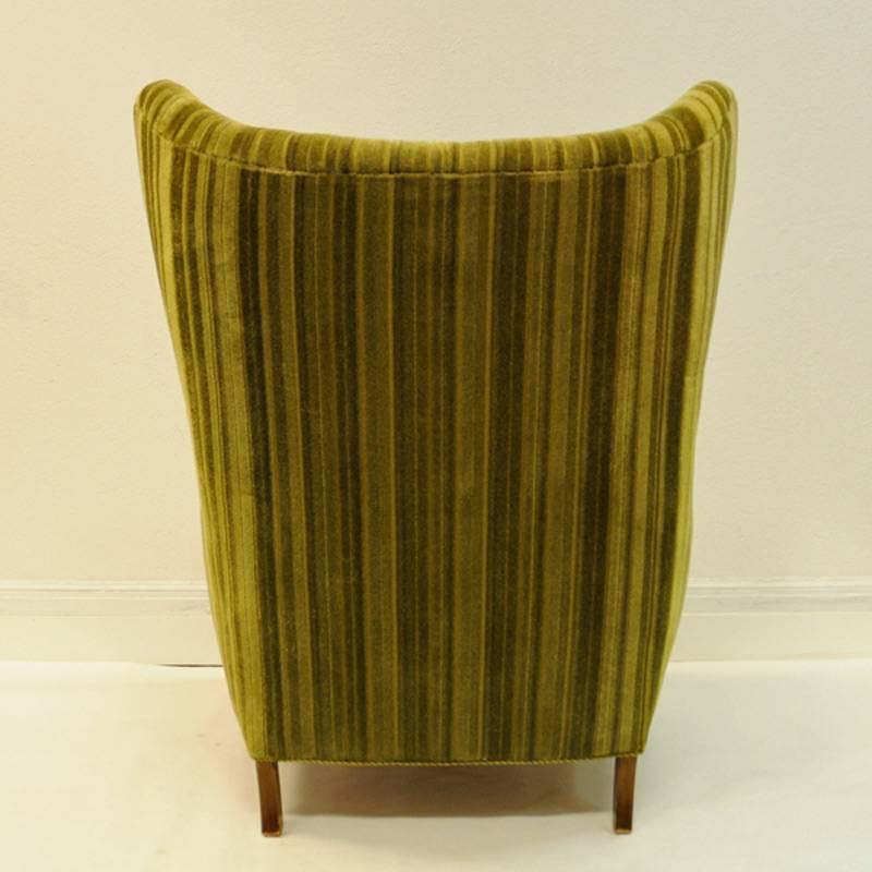 Green Velvet Wingback Easy Chair, 1930s-1940s, Denmark In Good Condition In Stockholm, SE