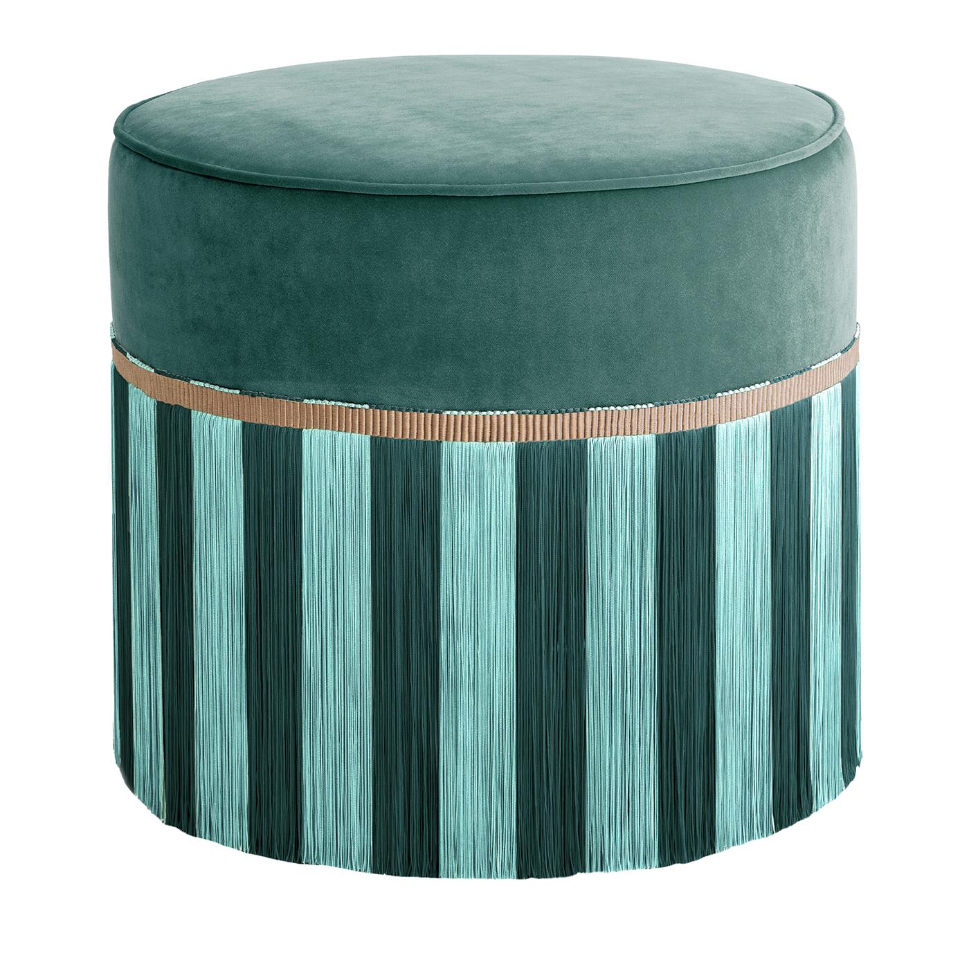 Puf de terciopelo verde con flecos bicolor en venta 3