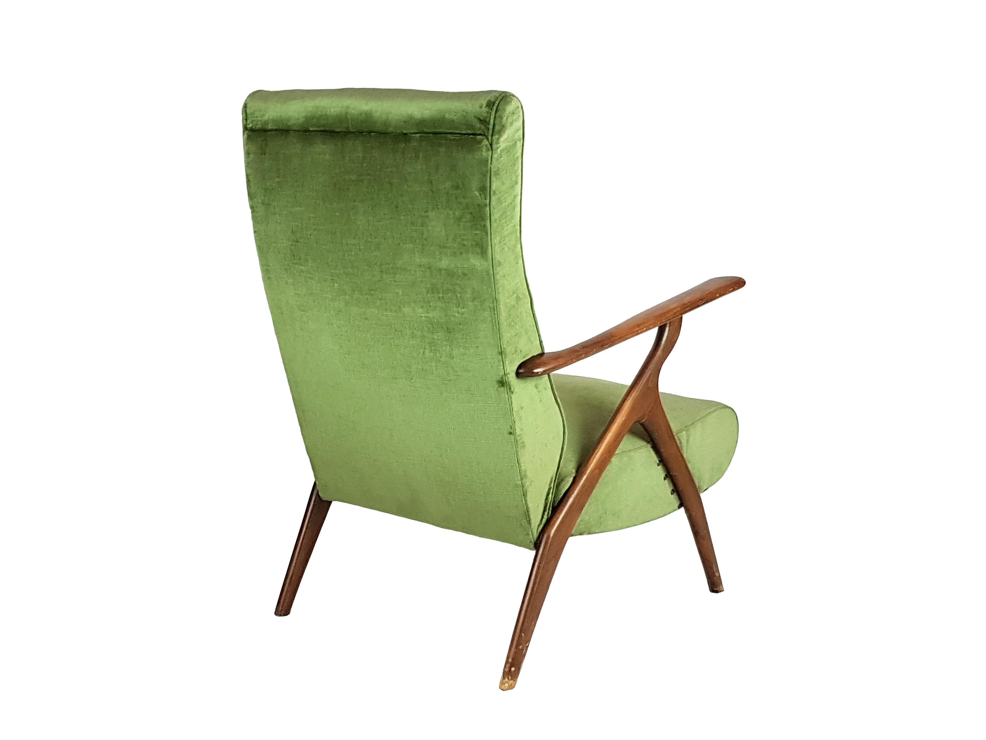 Green & Blue Velvet and Wood 1950s Reclining Armchairs Attr. to Antonino Gorgone 1