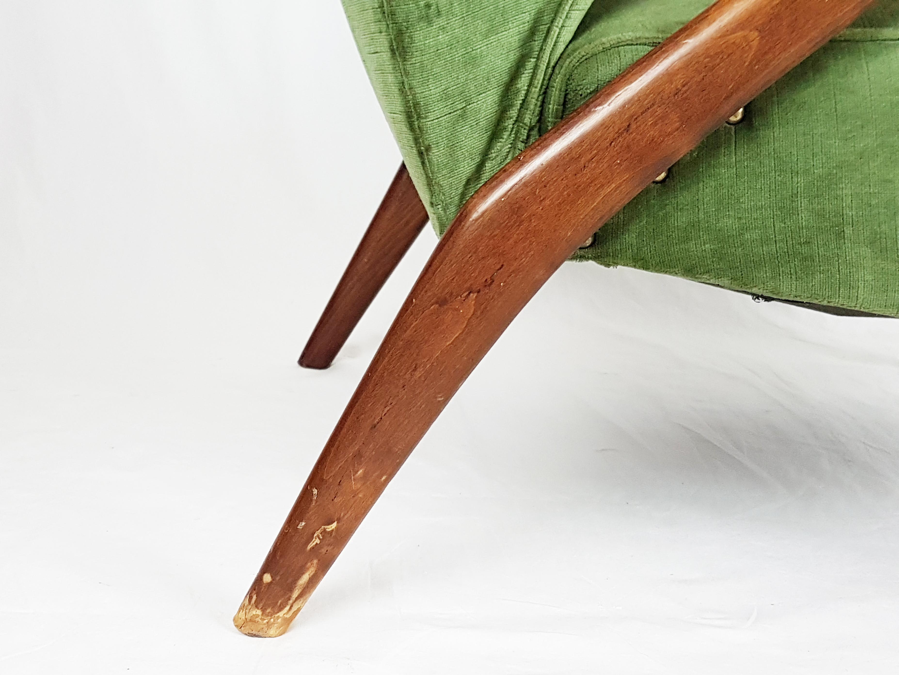 Green & Blue Velvet and Wood 1950s Reclining Armchairs Attr. to Antonino Gorgone 2
