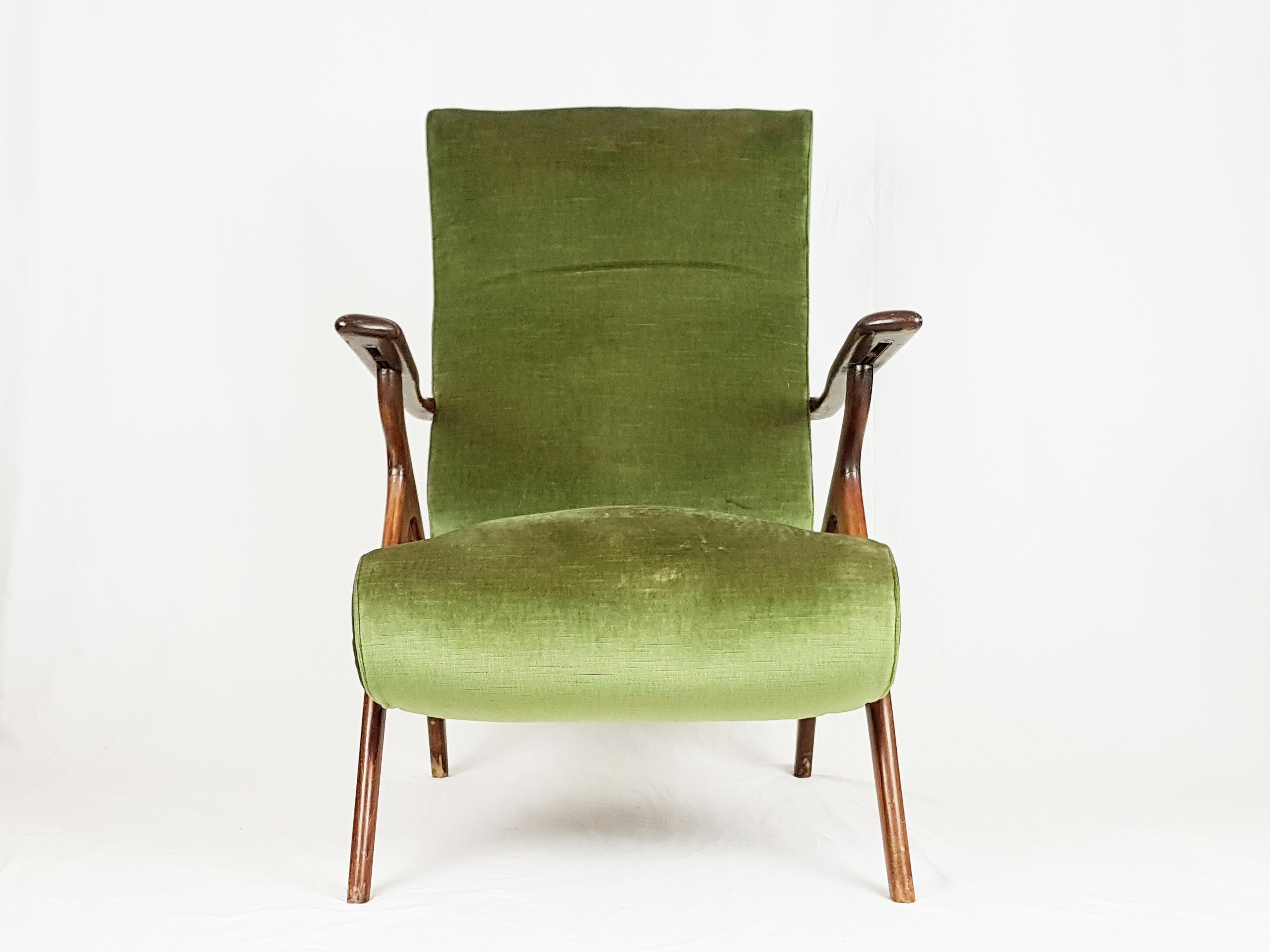 Green & Blue Velvet and Wood 1950s Reclining Armchairs Attr. to Antonino Gorgone 3