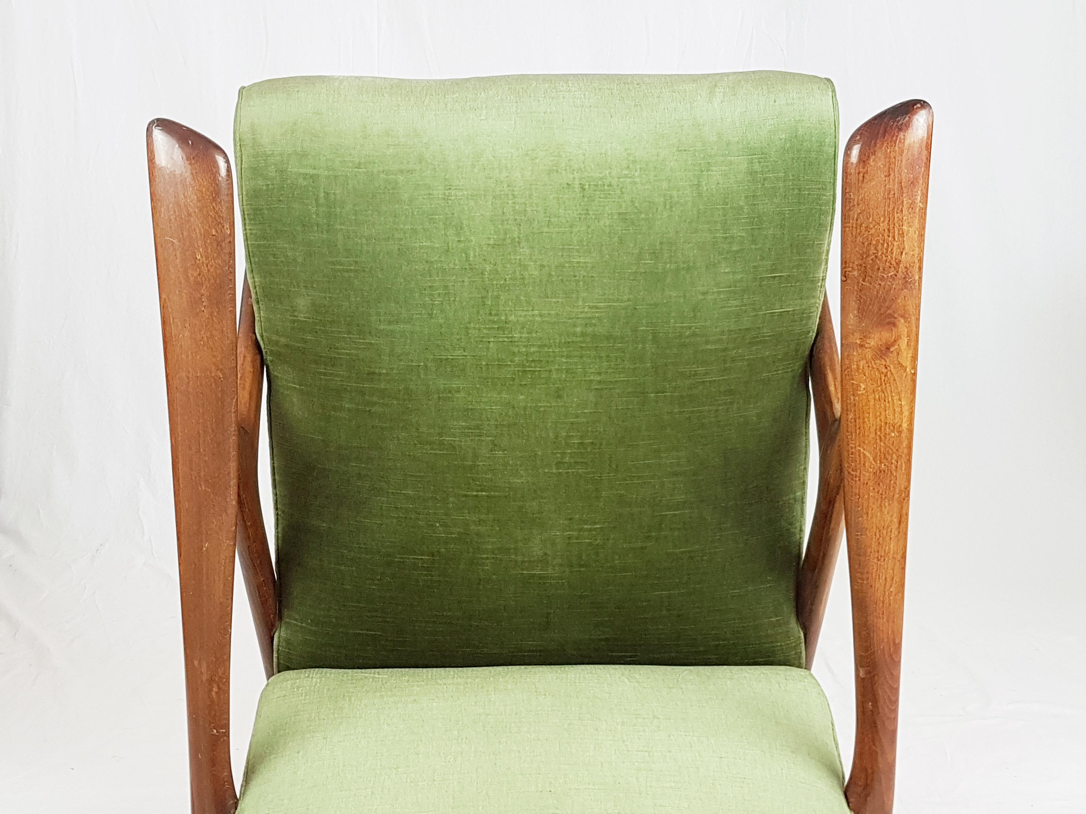 Green & Blue Velvet and Wood 1950s Reclining Armchairs Attr. to Antonino Gorgone 4