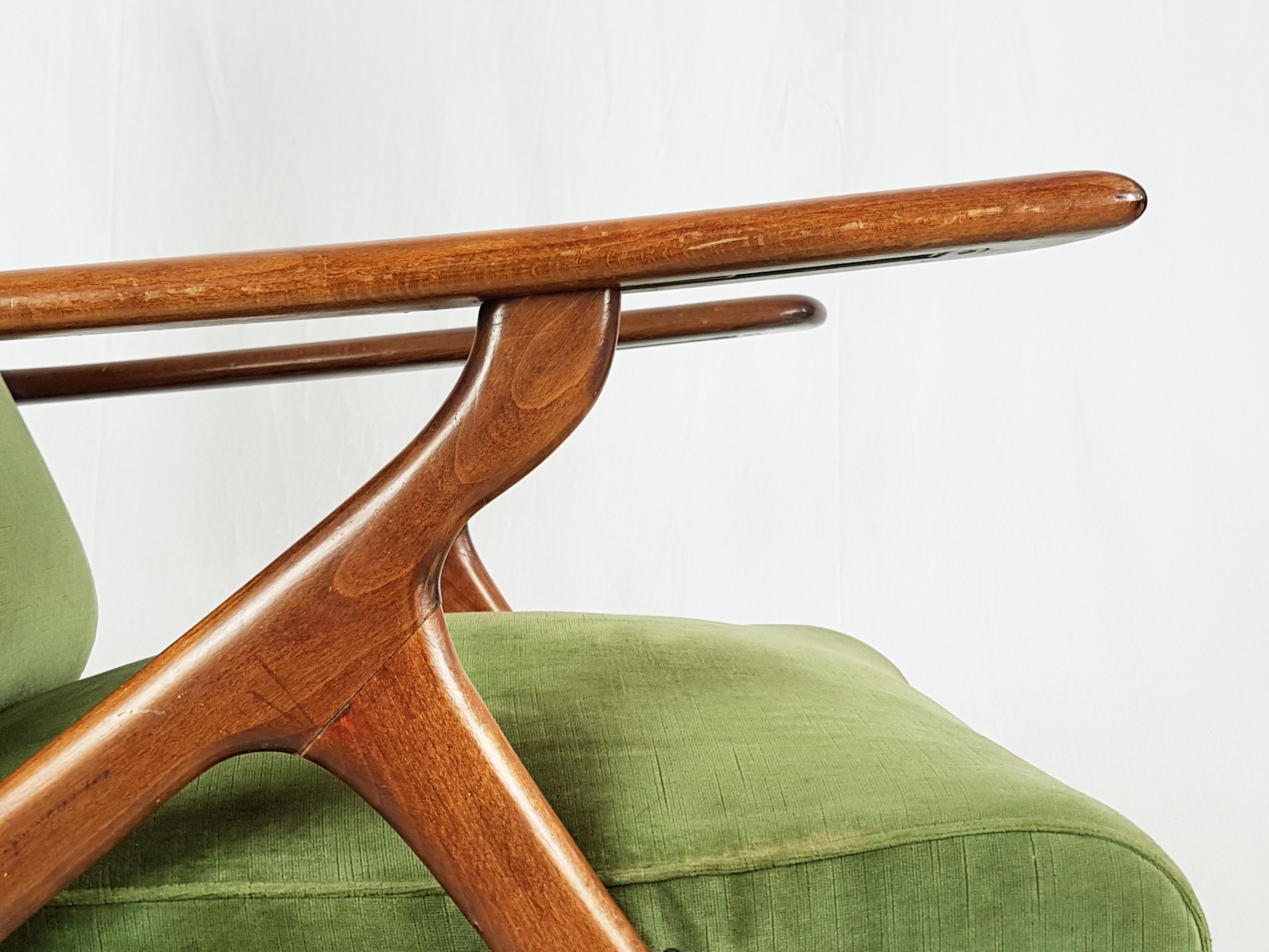 Italian Green & Blue Velvet and Wood 1950s Reclining Armchairs Attr. to Antonino Gorgone