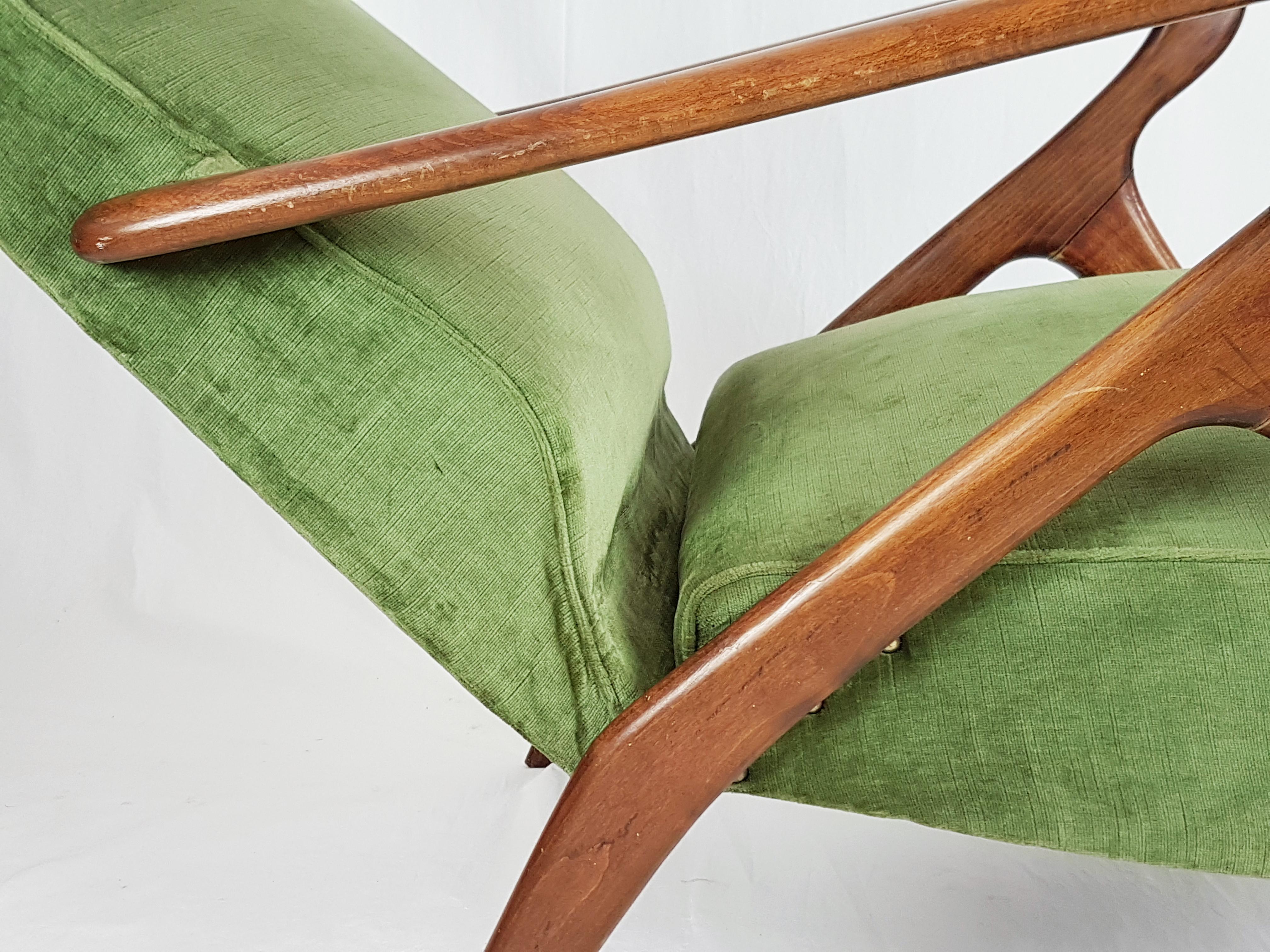 20th Century Green & Blue Velvet and Wood 1950s Reclining Armchairs Attr. to Antonino Gorgone
