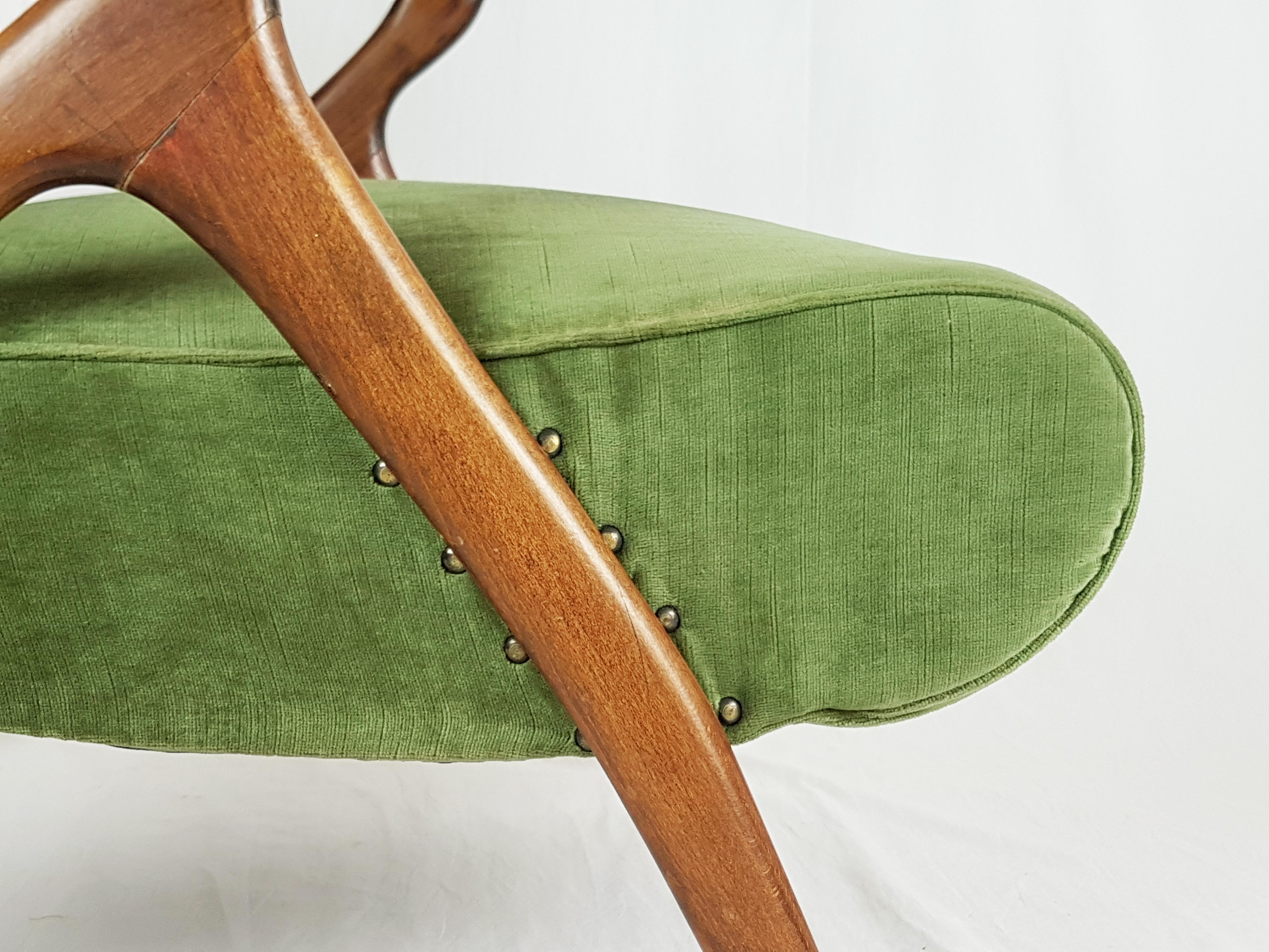 Brass Green & Blue Velvet and Wood 1950s Reclining Armchairs Attr. to Antonino Gorgone