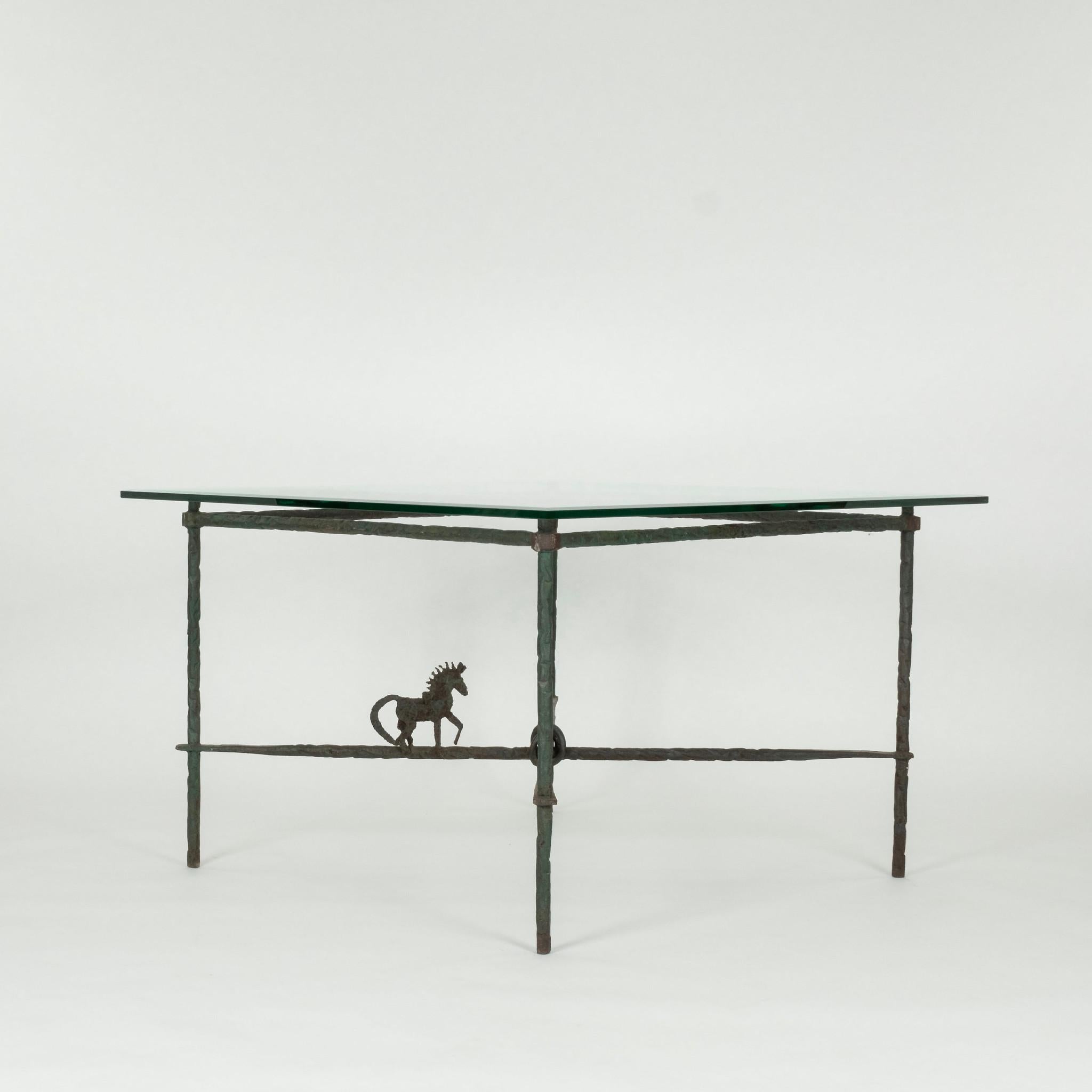 Green Verdigris Horse Wrought Iron Glass Dining Table Attr. Giacometti For Sale 4