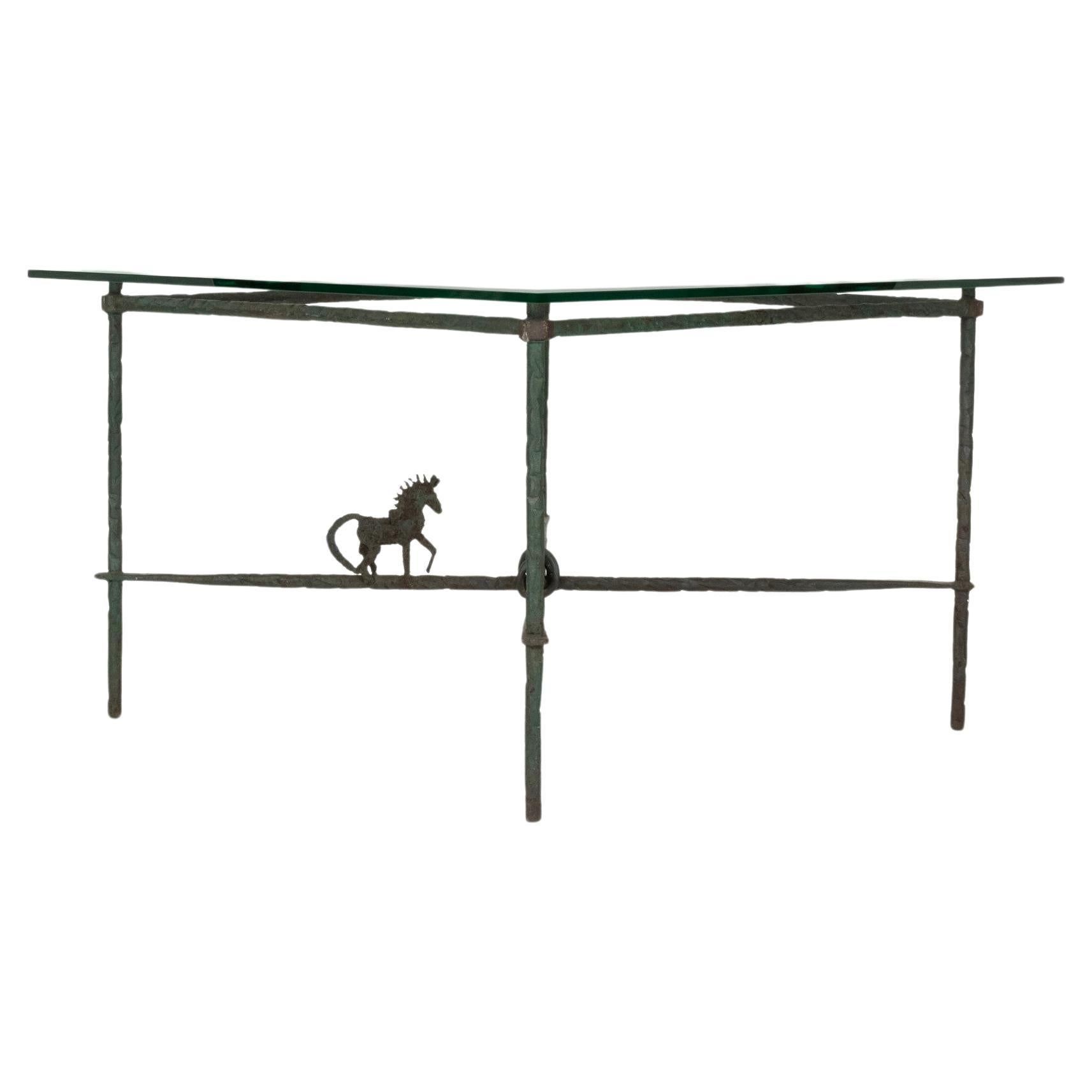 Green Verdigris Horse Wrought Iron Glass Dining Table Attr. Giacometti For Sale