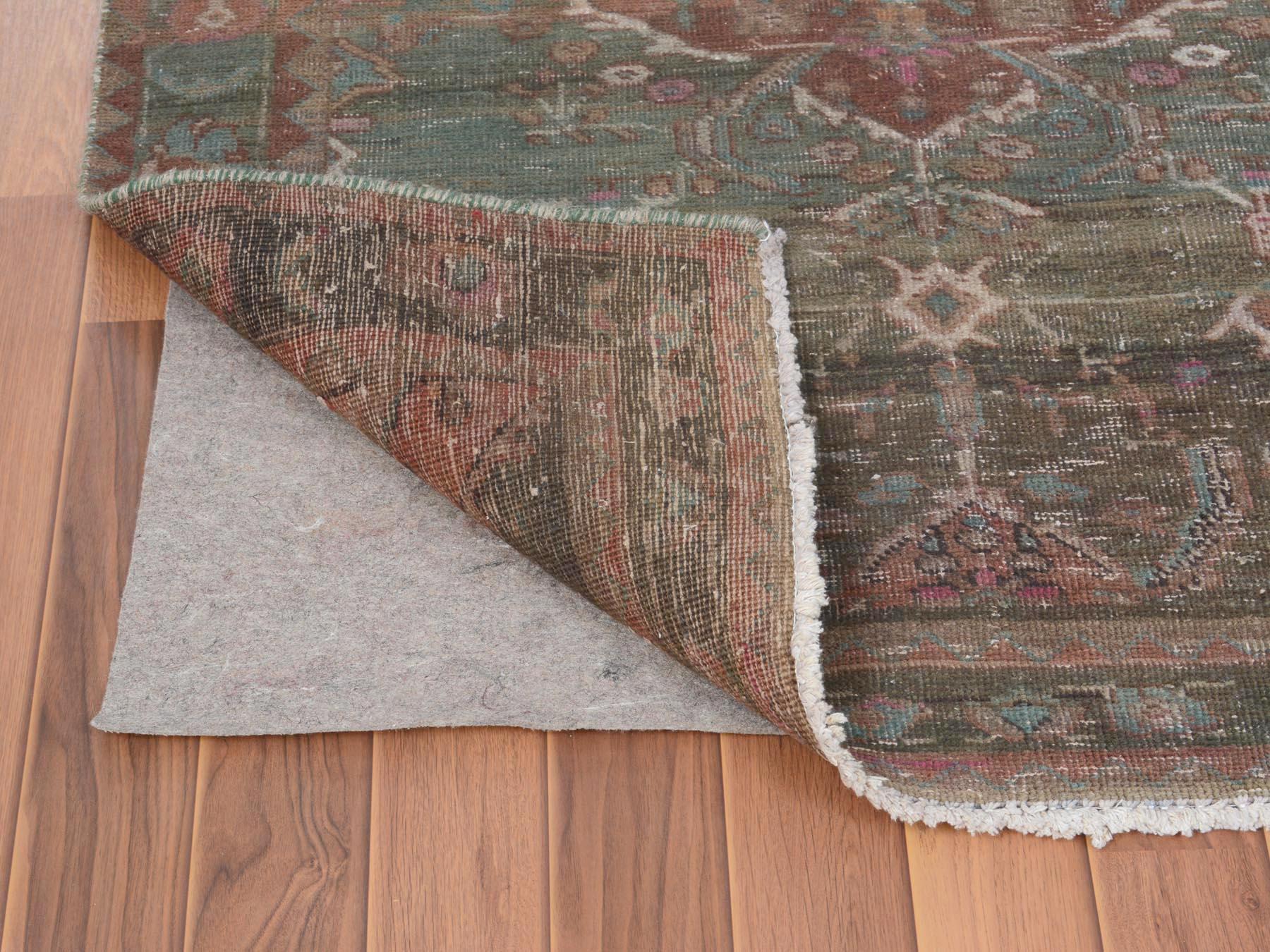 Medieval Green Vintage and Worn Down Persian Heriz Hand Knotted Runner Pure Wool Rug For Sale