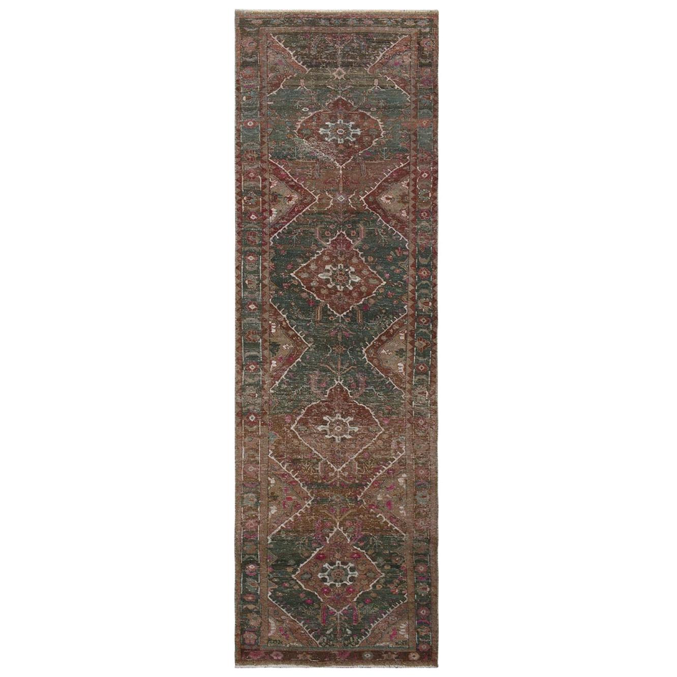 Green Vintage and Worn Down Persian Heriz Hand Knotted Runner Pure Wool Rug For Sale