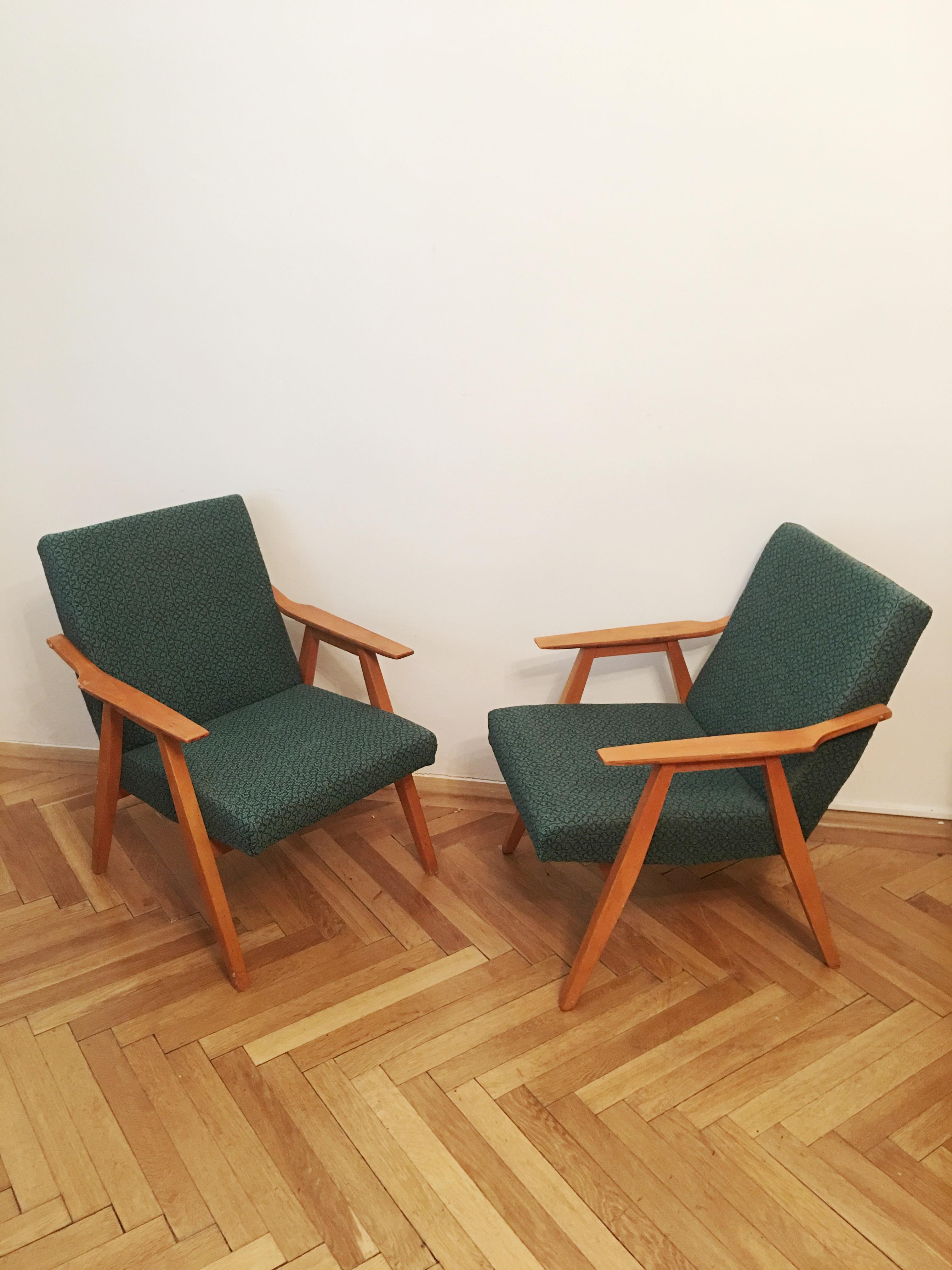 Fabric Green Vintage Armchairs, 1960s, Pair For Sale