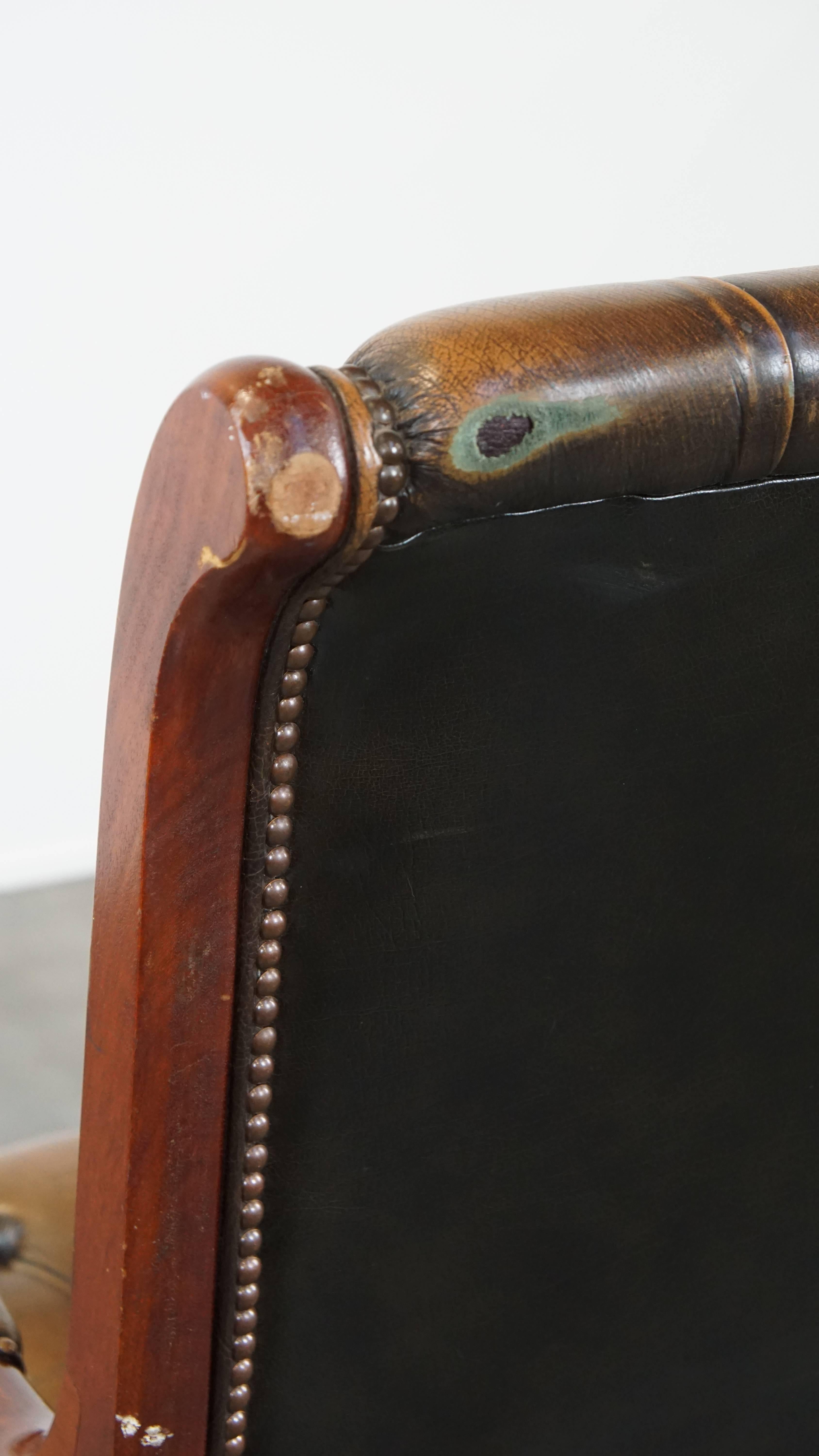 Green Vintage English Chesterfield Armchair with Elegant Design and Wood Accents For Sale 6