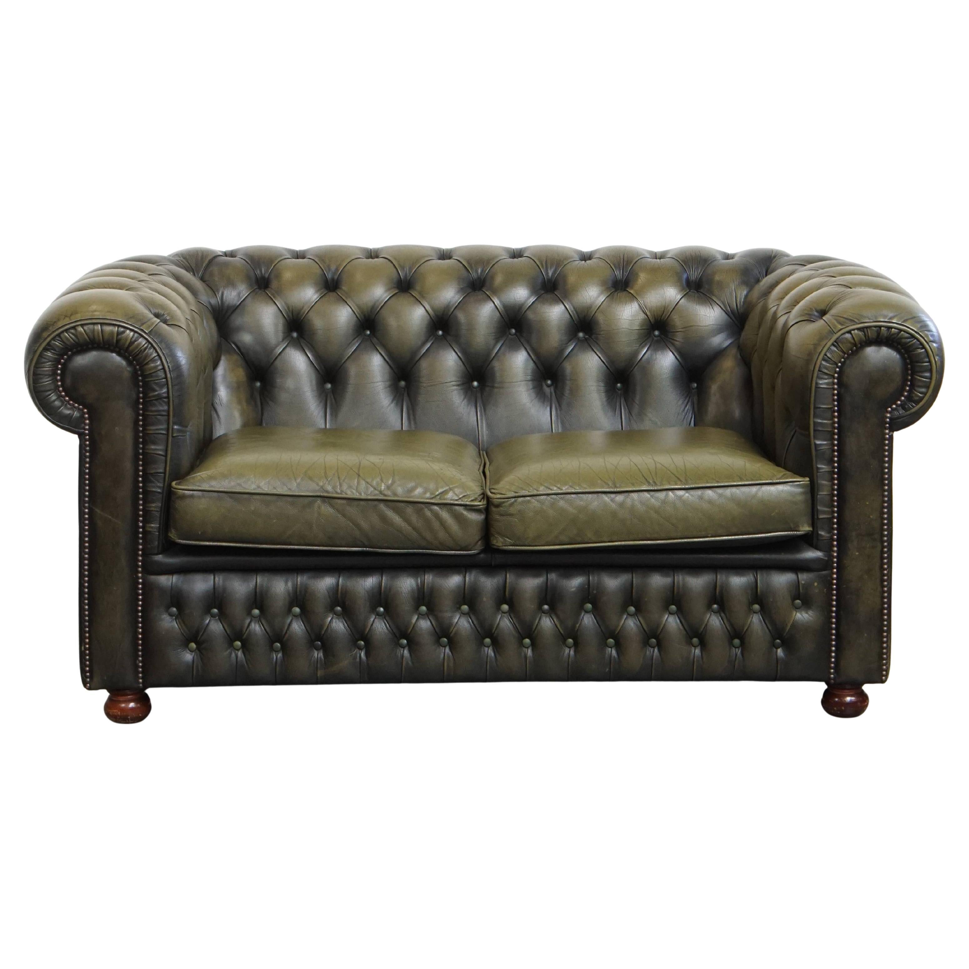 Green Vintage English Cowhide Leather Chesterfield 2-Seater Sofa