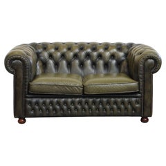 Green Vintage English Cowhide Leather Chesterfield 2-Seater Sofa