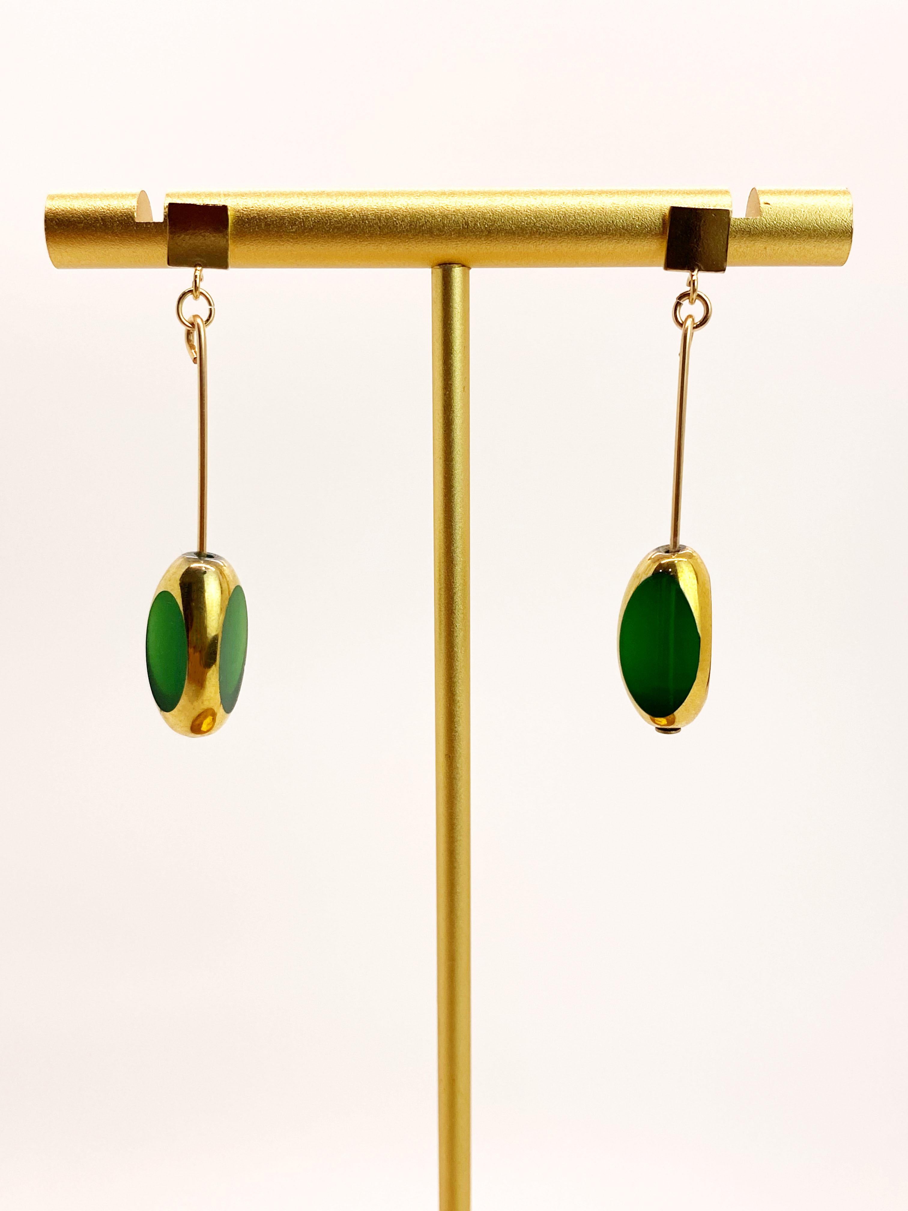 Retro Green Vintage German Glass Window Beads edged with 24K gold Art Deco Earrings