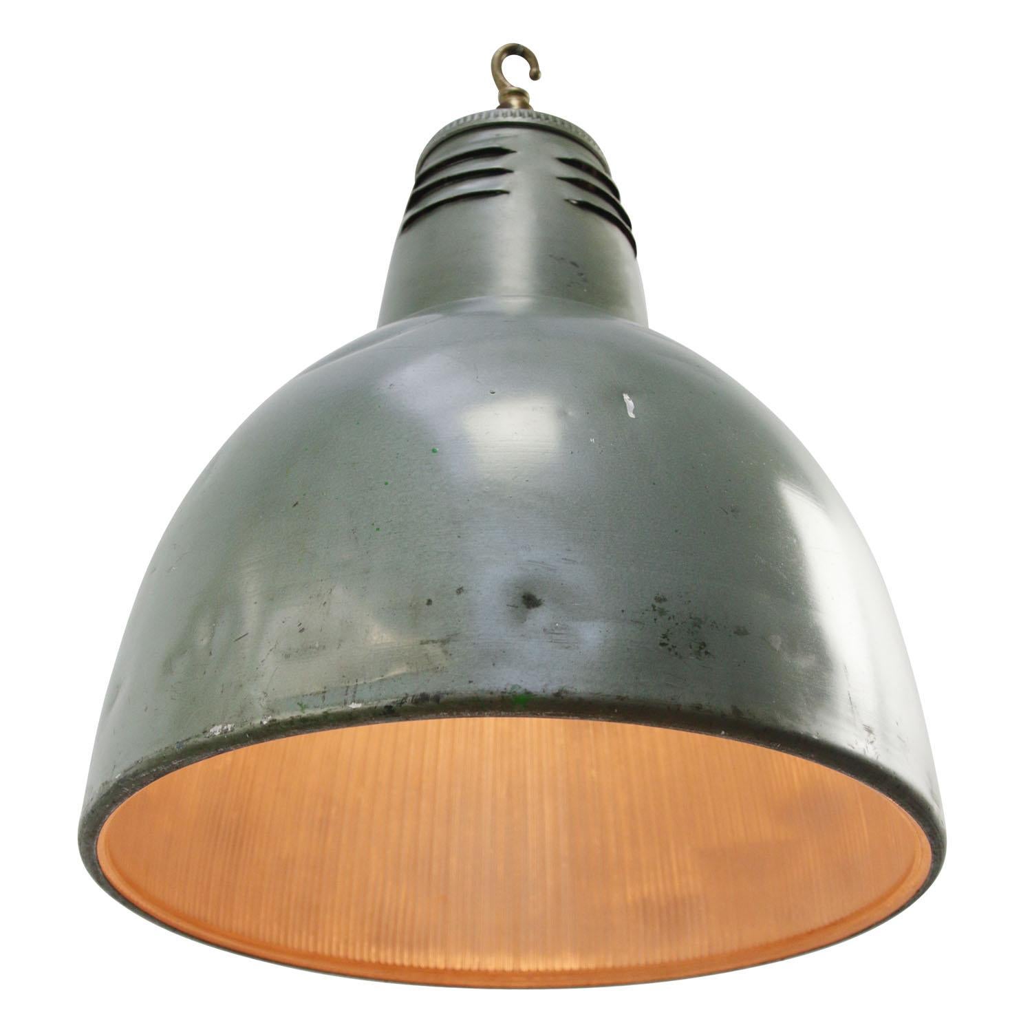 Cast Green Vintage Industrial Clear Striped Glass Pendant Lamps by Holophane Paris