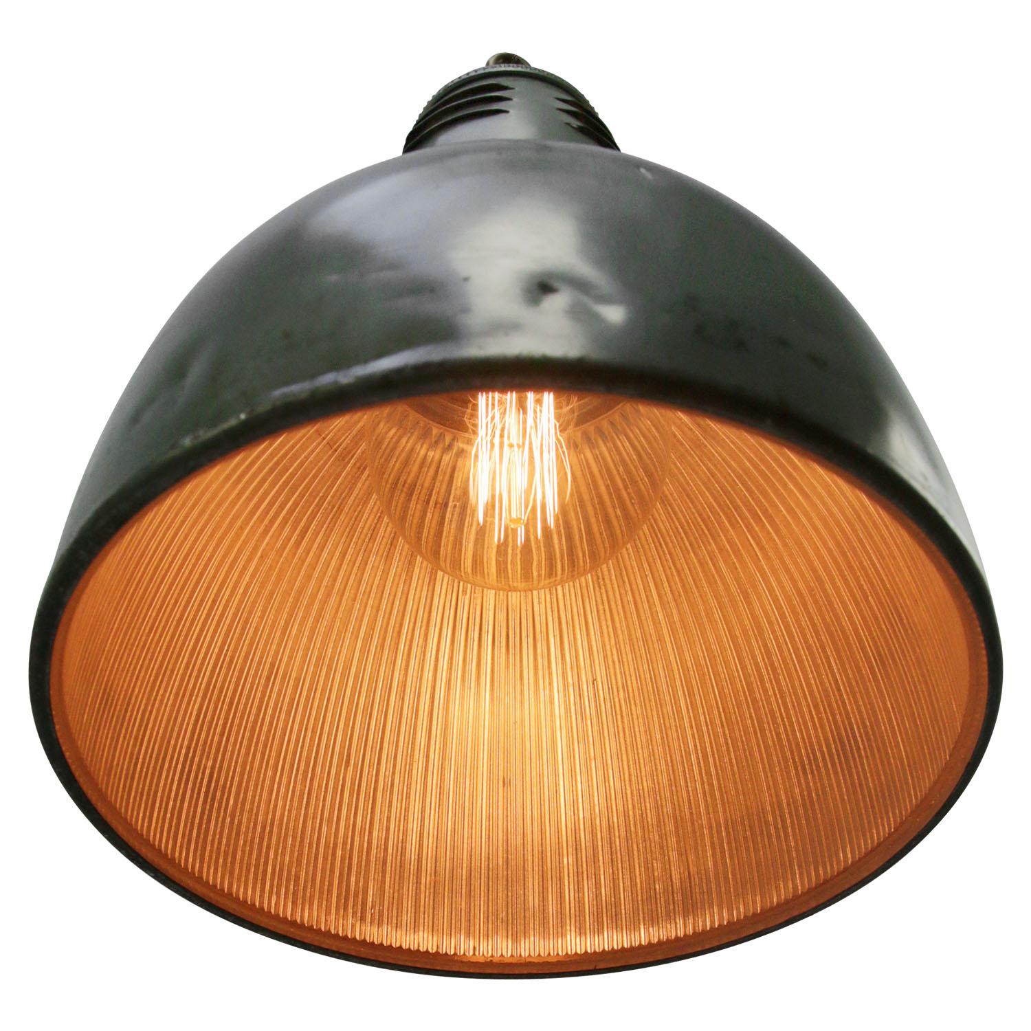 Green Vintage Industrial Clear Striped Glass Pendant Lamps by Holophane Paris In Good Condition In Amsterdam, NL