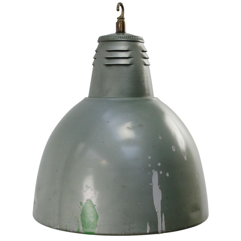Green Vintage Industrial Clear Striped Glass Pendant Lamps by Holophane Paris For Sale 2
