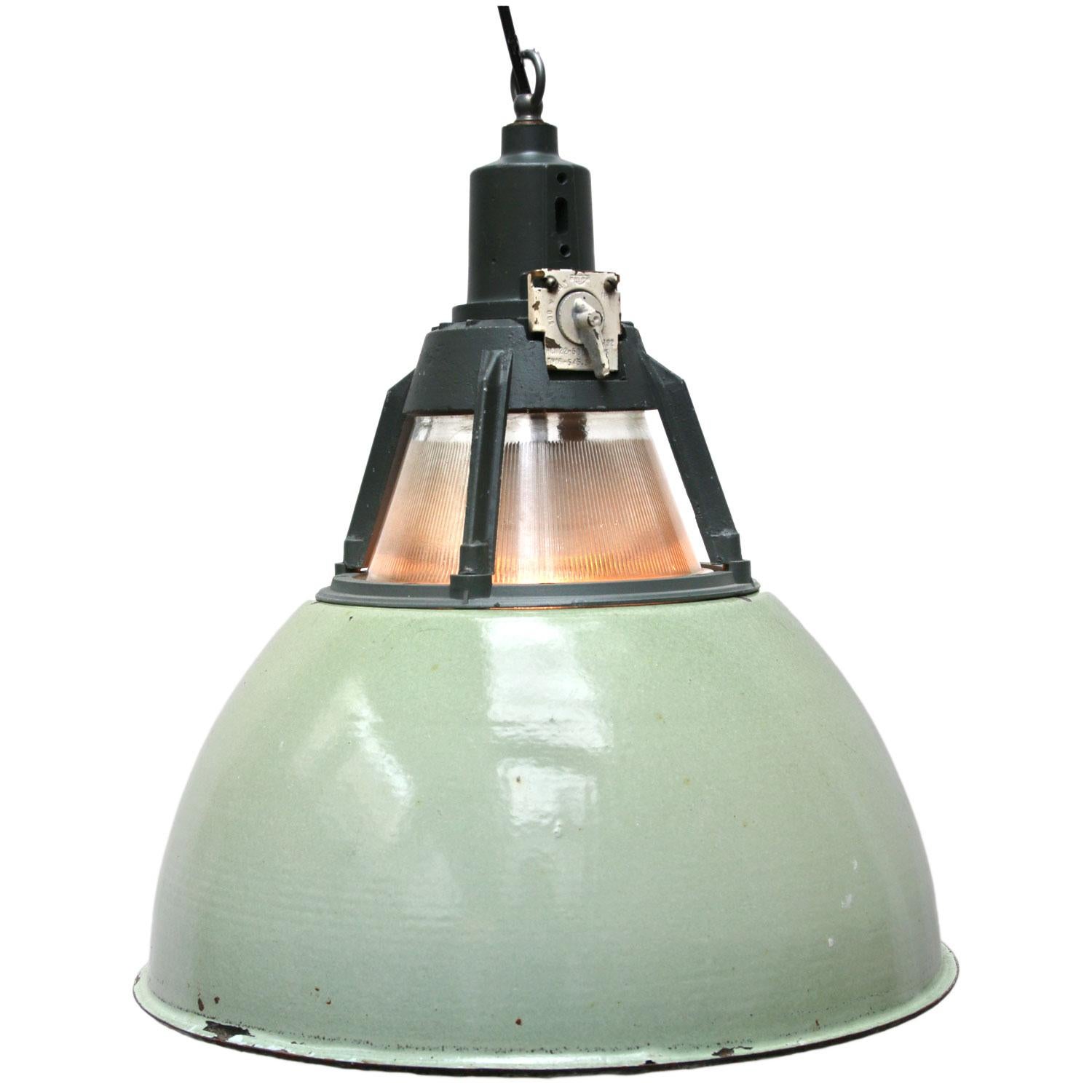 Green Vintage Industrial Holophane Glass Pendant Lights (2x) In Good Condition In Amsterdam, NL