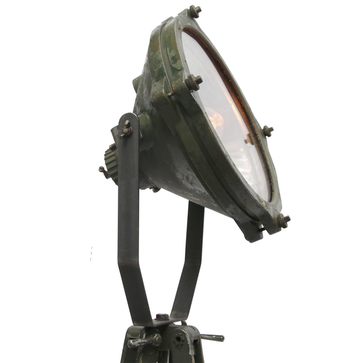 Cast Green Vintage Industrial Metal Mirror Wooden Tripod Floor Lamps For Sale