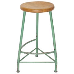 Green Vintage Industrial Stool Kromus Factory Vienna 1950s Steel Beechwood