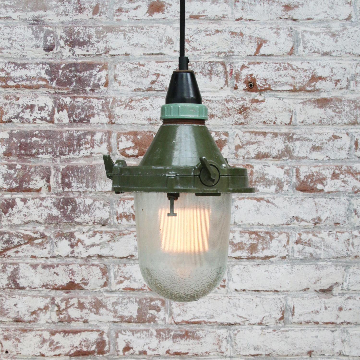 Cast Green Vintage Industrial Striped Clear Glass Pendant Lights For Sale