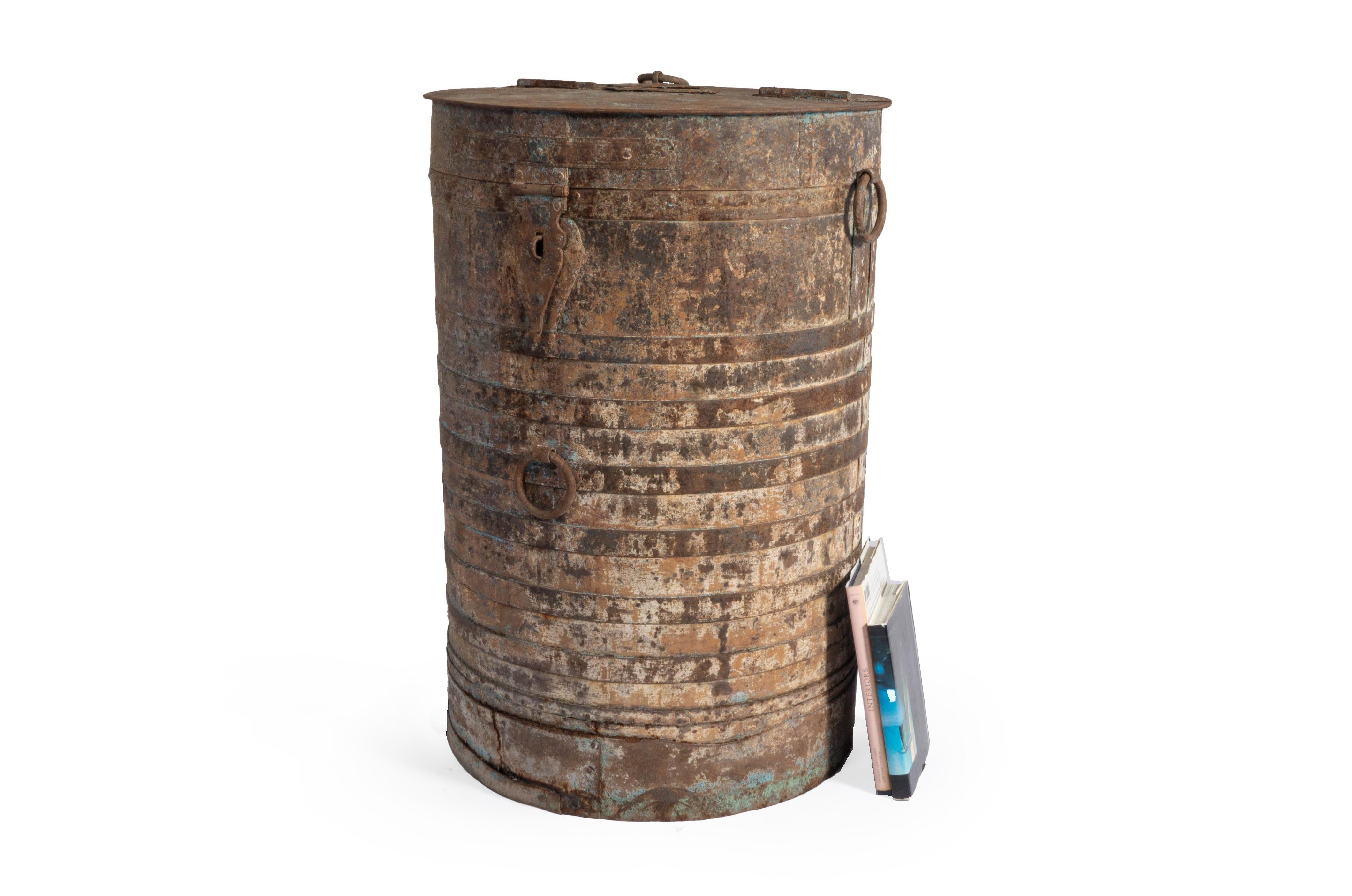 This vintage European storage bin is a great element to add to your indoor or outdoor space to add contrast in texture and color. This one of a kind storage bin is heavily weathered and rusted finish through which the original green paint patina