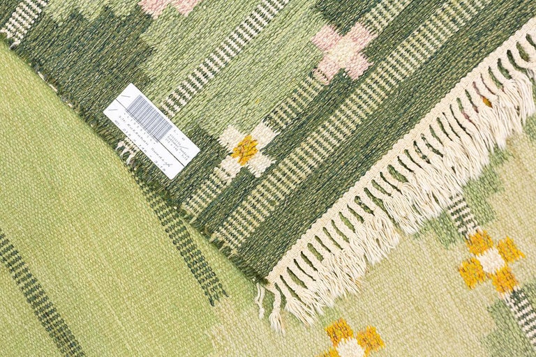 Green Vintage Swedish Flat Weave Rug by Ingegerd Silow at 1stDibs