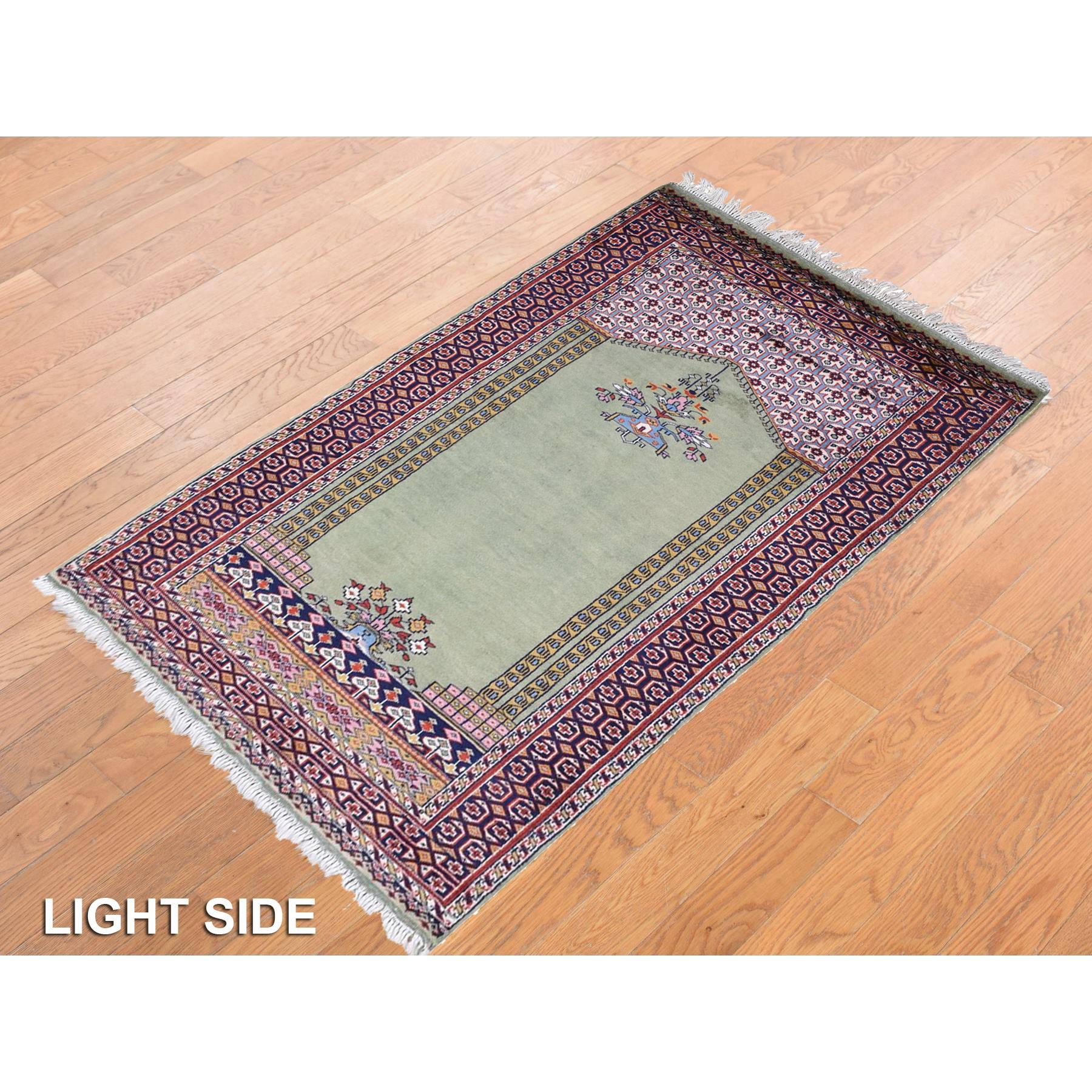 Medieval Green Vintage Tourkaman Prayer Design 200 KPSI Clean Hand Knotted Pure Wool Rug For Sale