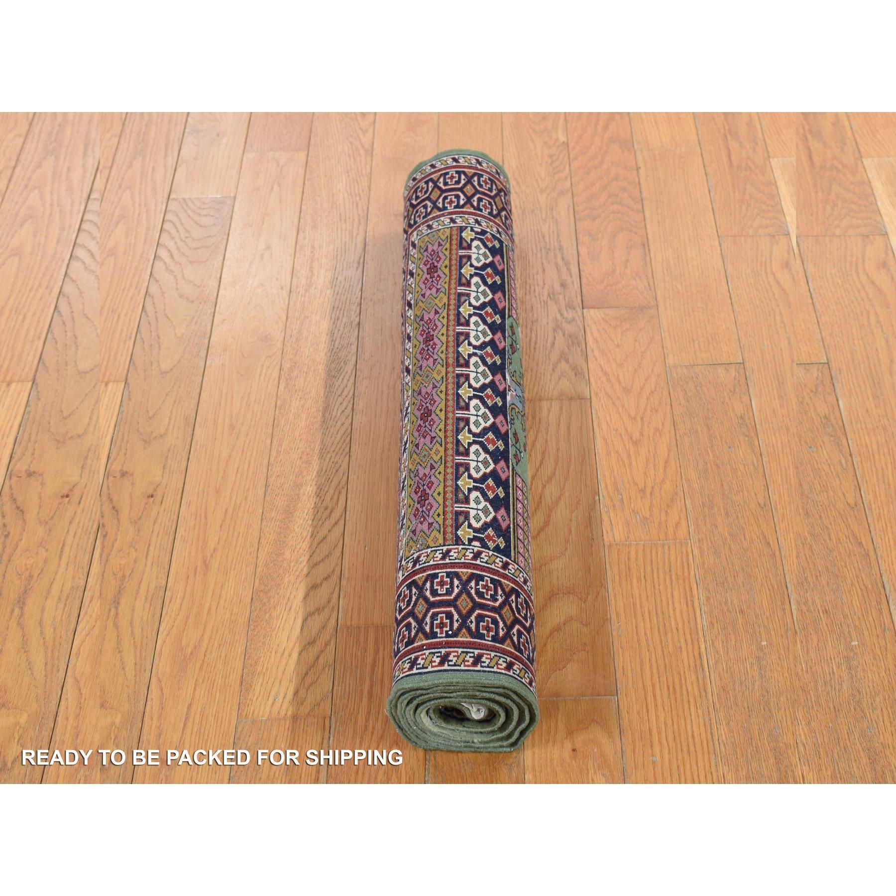 Grüner handgeknüpfter Vintage Tourkaman-Teppich aus reiner Wolle in Gebetsdesign 200 KPSI in Grün im Angebot 1
