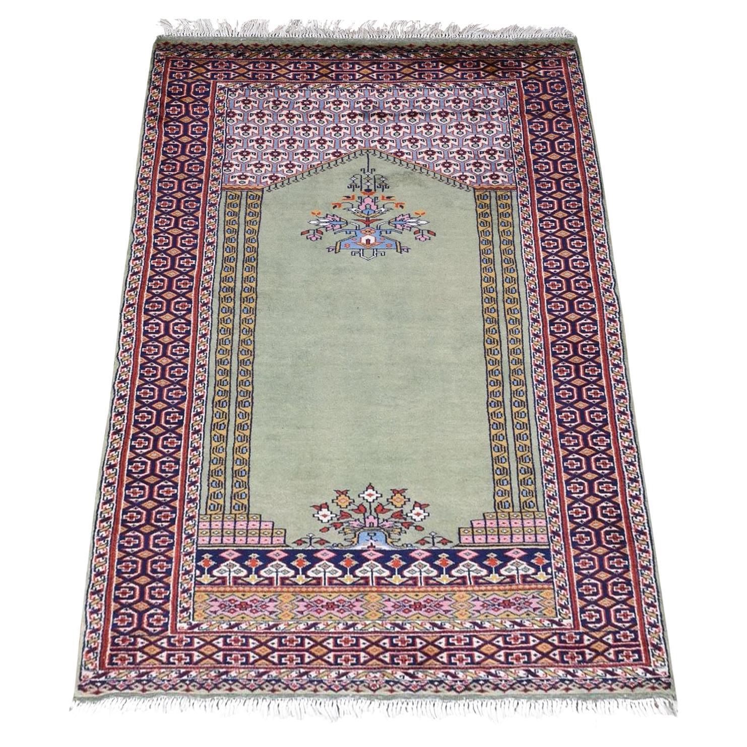 Green Vintage Tourkaman Prayer Design 200 KPSI Clean Hand Knotted Pure Wool Rug For Sale