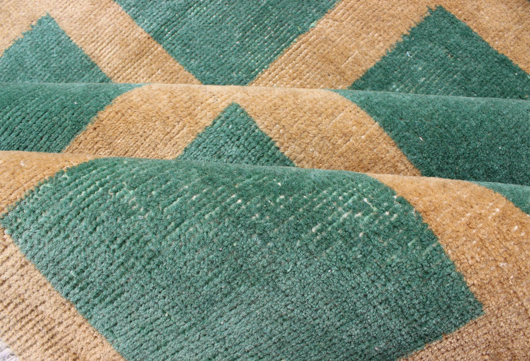 Hand-Knotted Green and Yellow Minimalist Mid-Century Modern design Turkish  rug For Sale