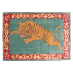 Green Vintage Turkish Tiger Pictorial Rug