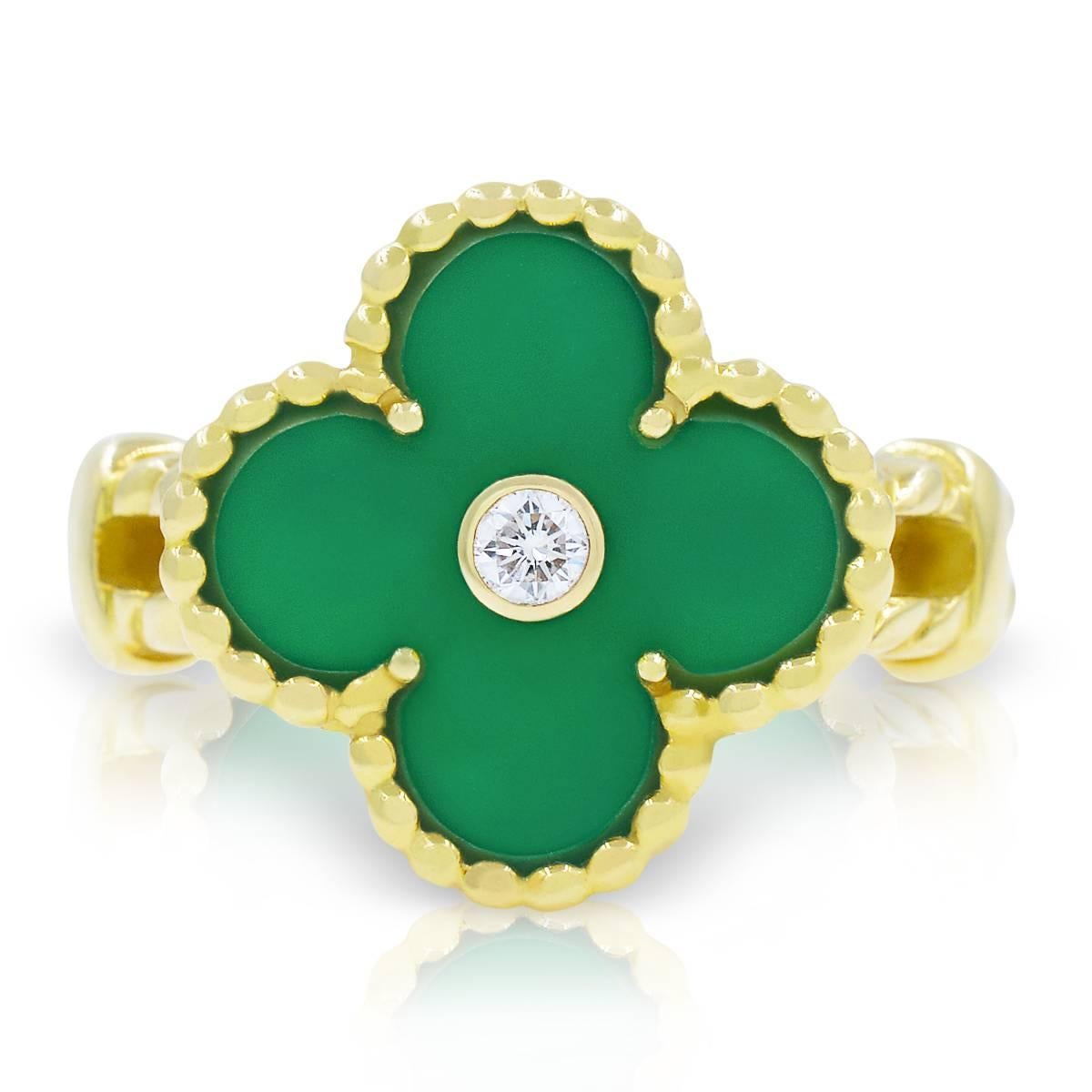 Vintage circa 1960's 
VCA Alhambra Jade Collection Ring in 18K Yellow Gold with one diamond.

Size: 6.5

This is a collector's item. You won't find it online. We have matching necklace too.