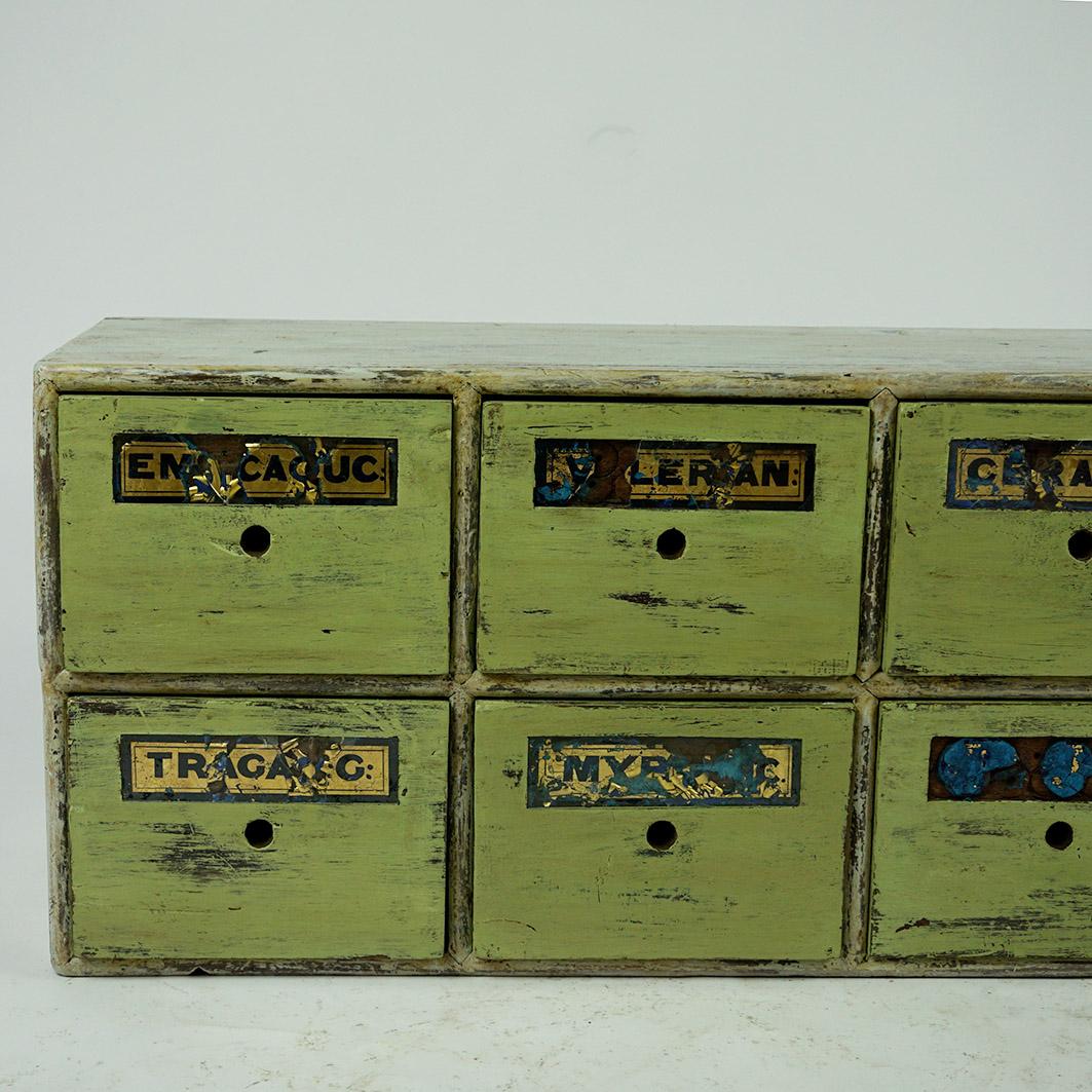 Industrial Green Vintage Wooden Apothecary Cabinet or Chest with Drawers For Sale