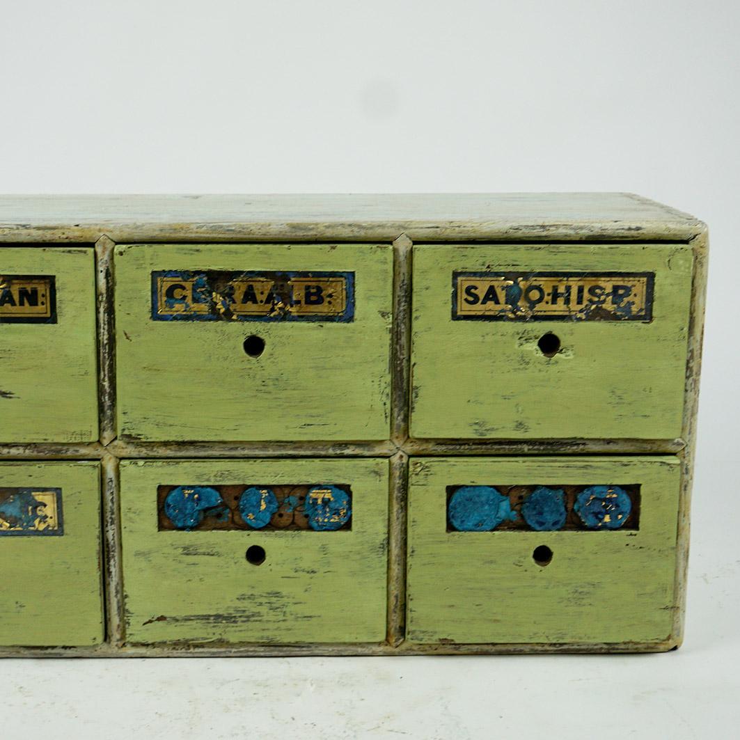 German Green Vintage Wooden Apothecary Cabinet or Chest with Drawers For Sale