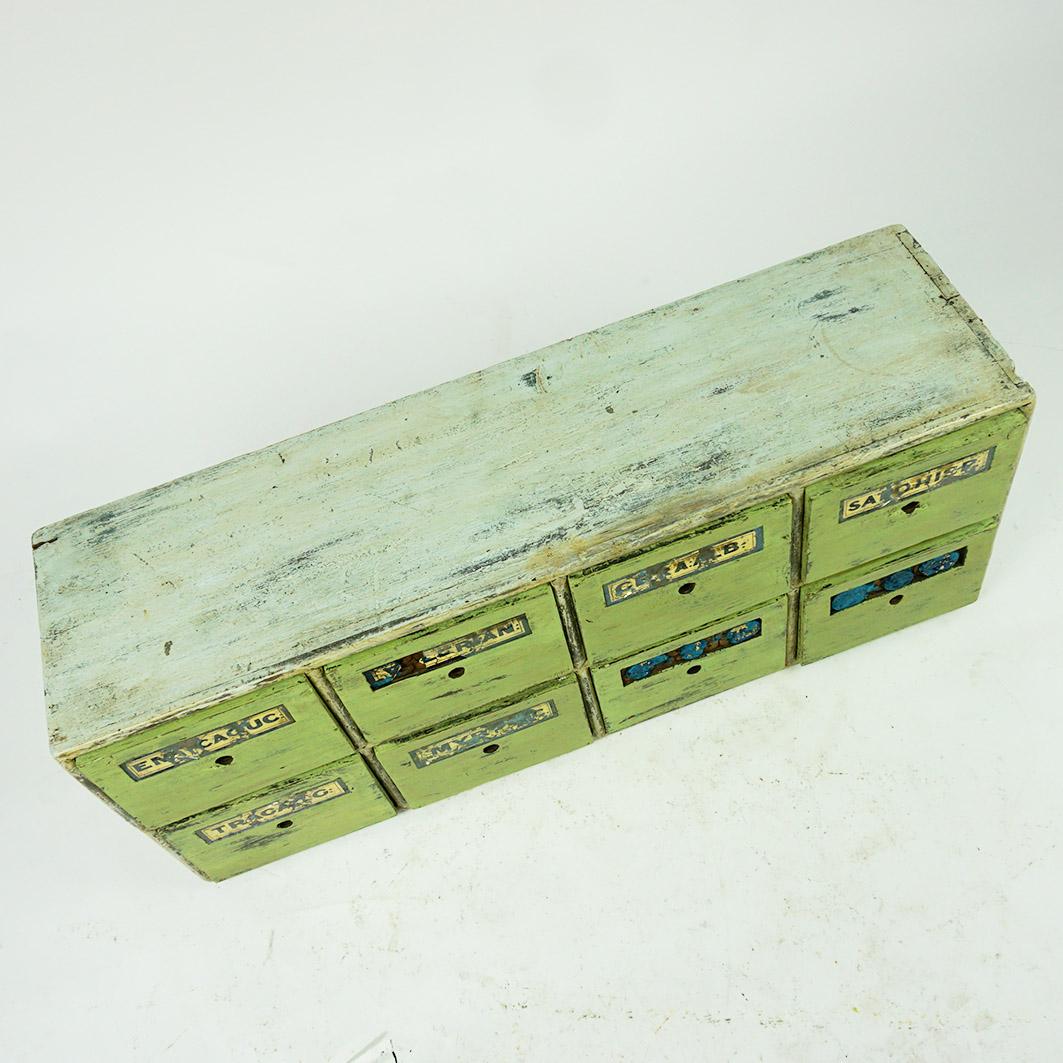 Glass Green Vintage Wooden Apothecary Cabinet or Chest with Drawers For Sale