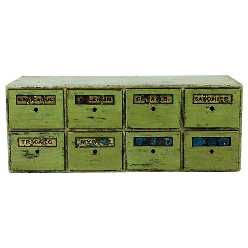 Green Vintage Wooden Apothecary Cabinet or Chest with Drawers