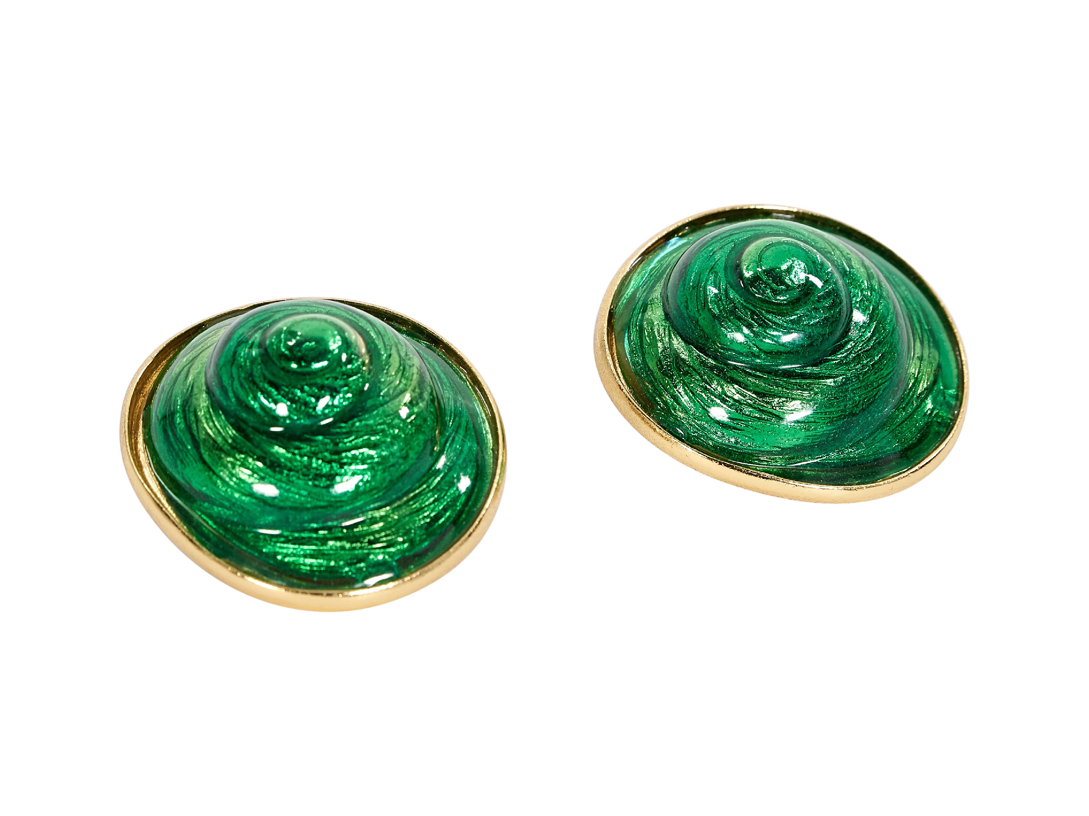 Product details:  Vintage green swirl circular earrings by Yves Saint Laurent Rive Gauche.  Clip-on backing.  1.75