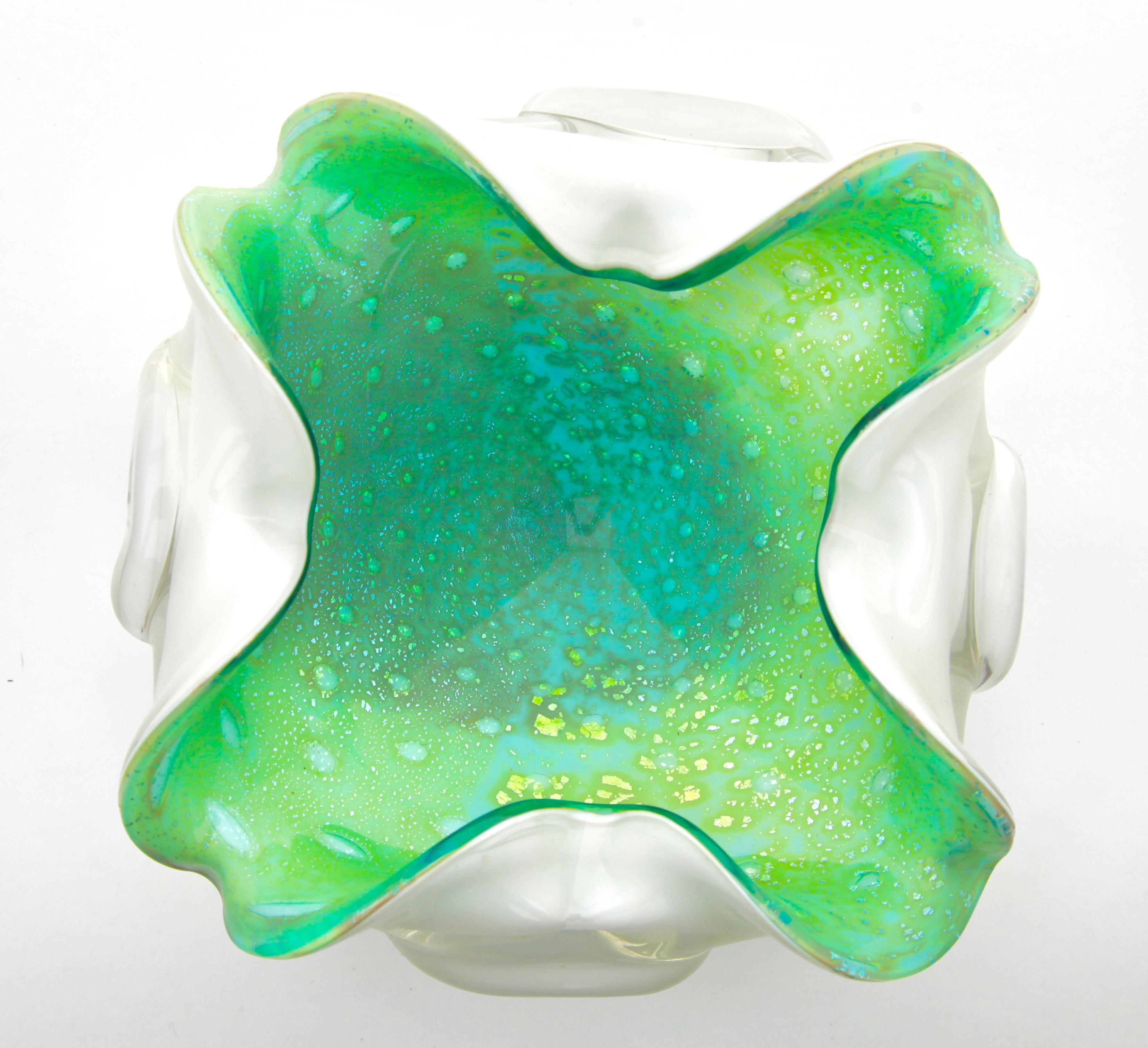 Italian Green Vortex, Murano Shell Bowl with Four Lobes in the Style of Seguso