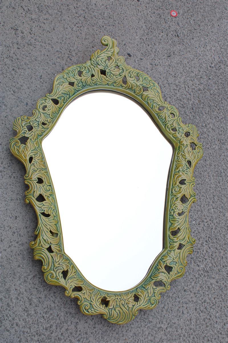 Fantastic and rare 1950s Baroque Pop Art ceramic green mirror, produced in Italy around 1950, with classic Baroque shapes with a touch of modern color, something truly unique