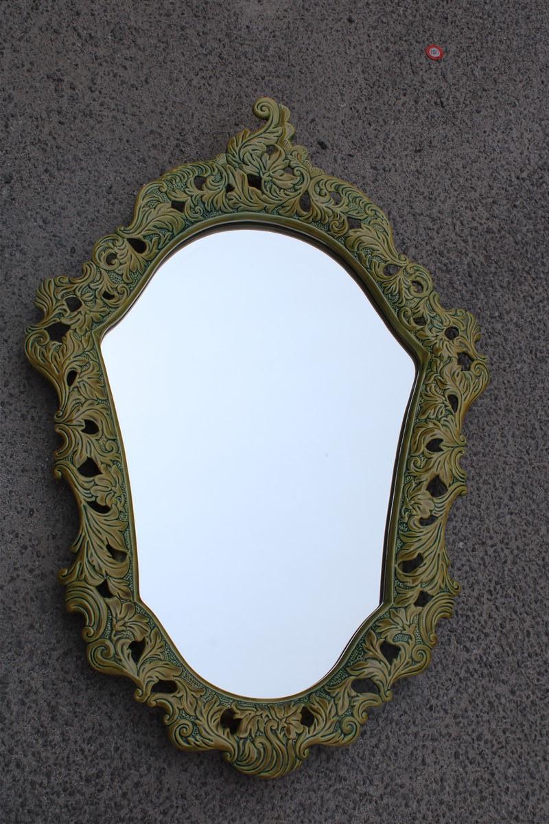Mid-Century Modern Green Wall Mirror in Pop Art Baroque Ceramic 1950s Made in Italy  For Sale