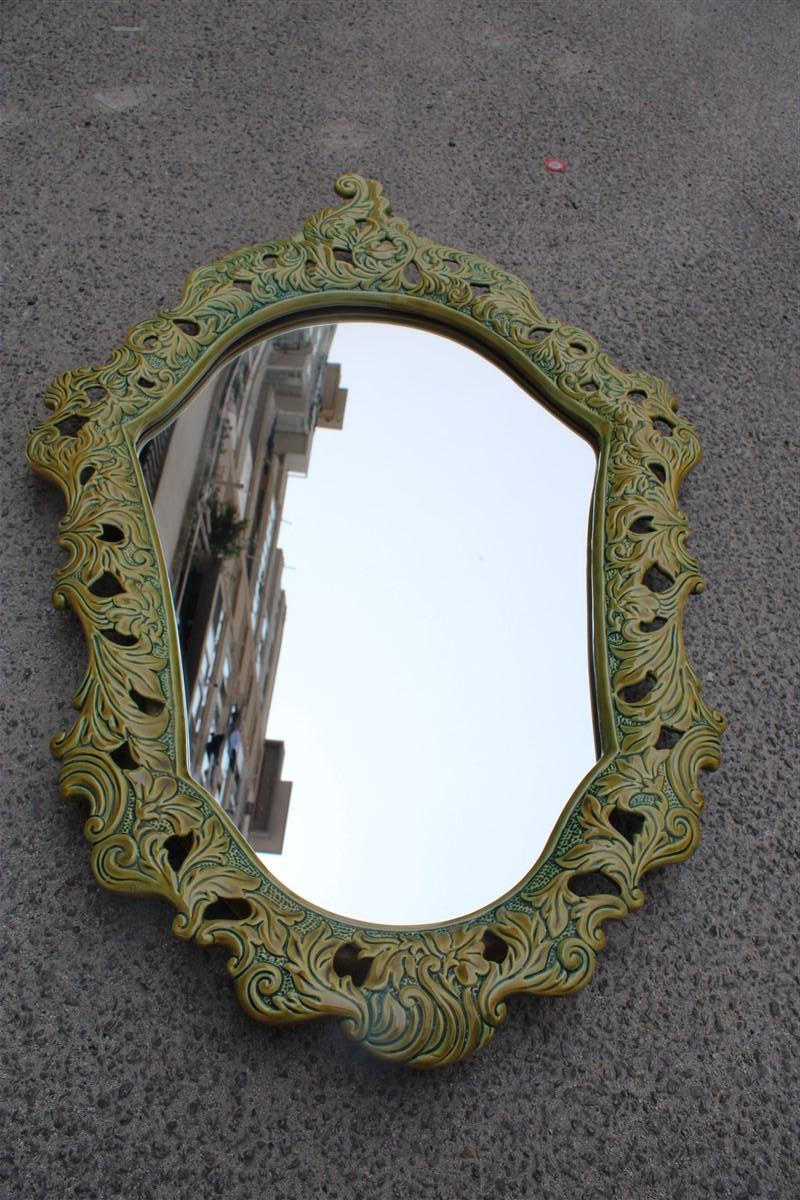 Mid-20th Century Green Wall Mirror in Pop Art Baroque Ceramic 1950s Made in Italy  For Sale