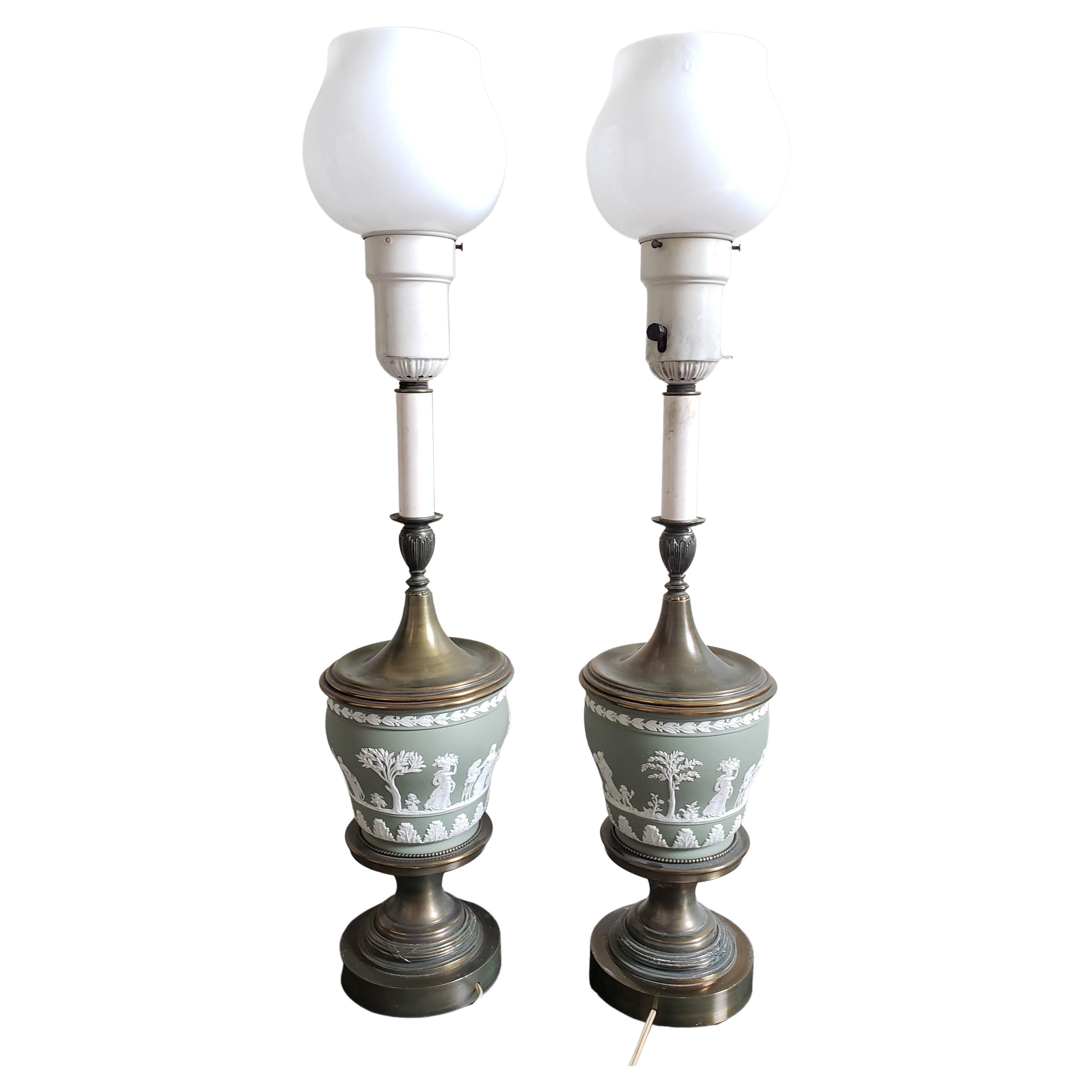 Metalwork Green Turquoise Wedgewood Jasperware and Brass Torchiere Table Lamps, a Pair For Sale