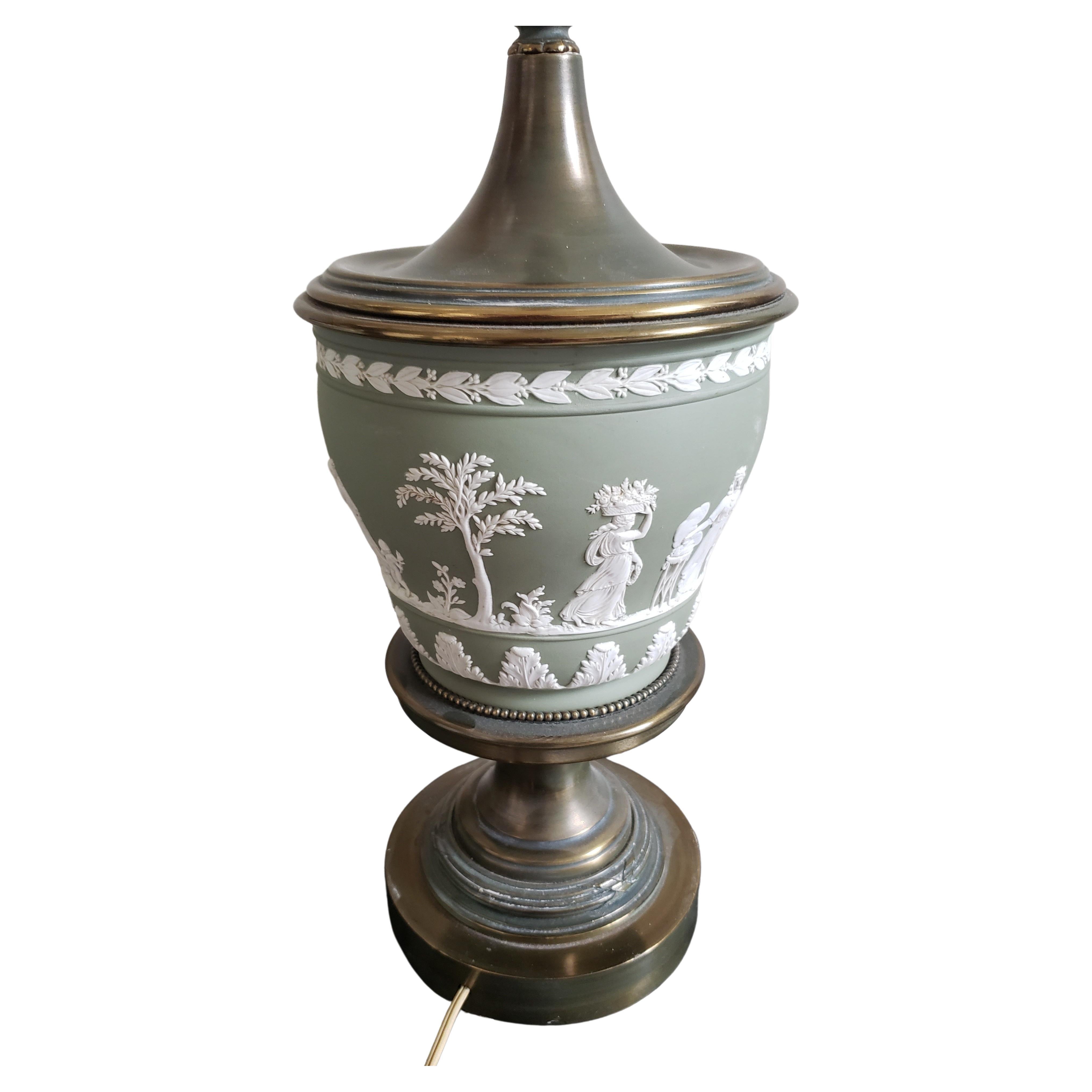 20th Century Green Turquoise Wedgewood Jasperware and Brass Torchiere Table Lamps, a Pair For Sale
