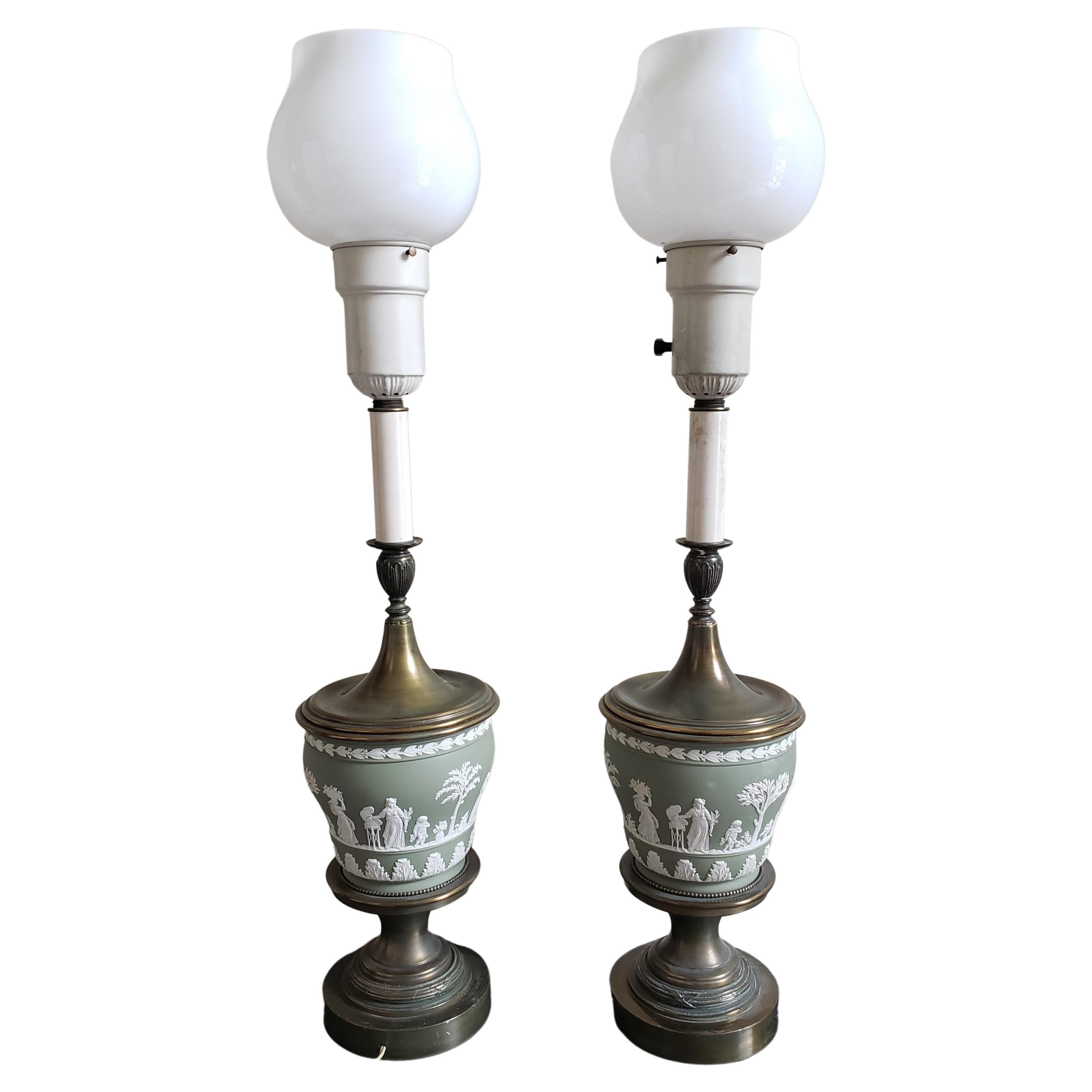 Green Turquoise Wedgewood Jasperware and Brass Torchiere Table Lamps, a Pair For Sale
